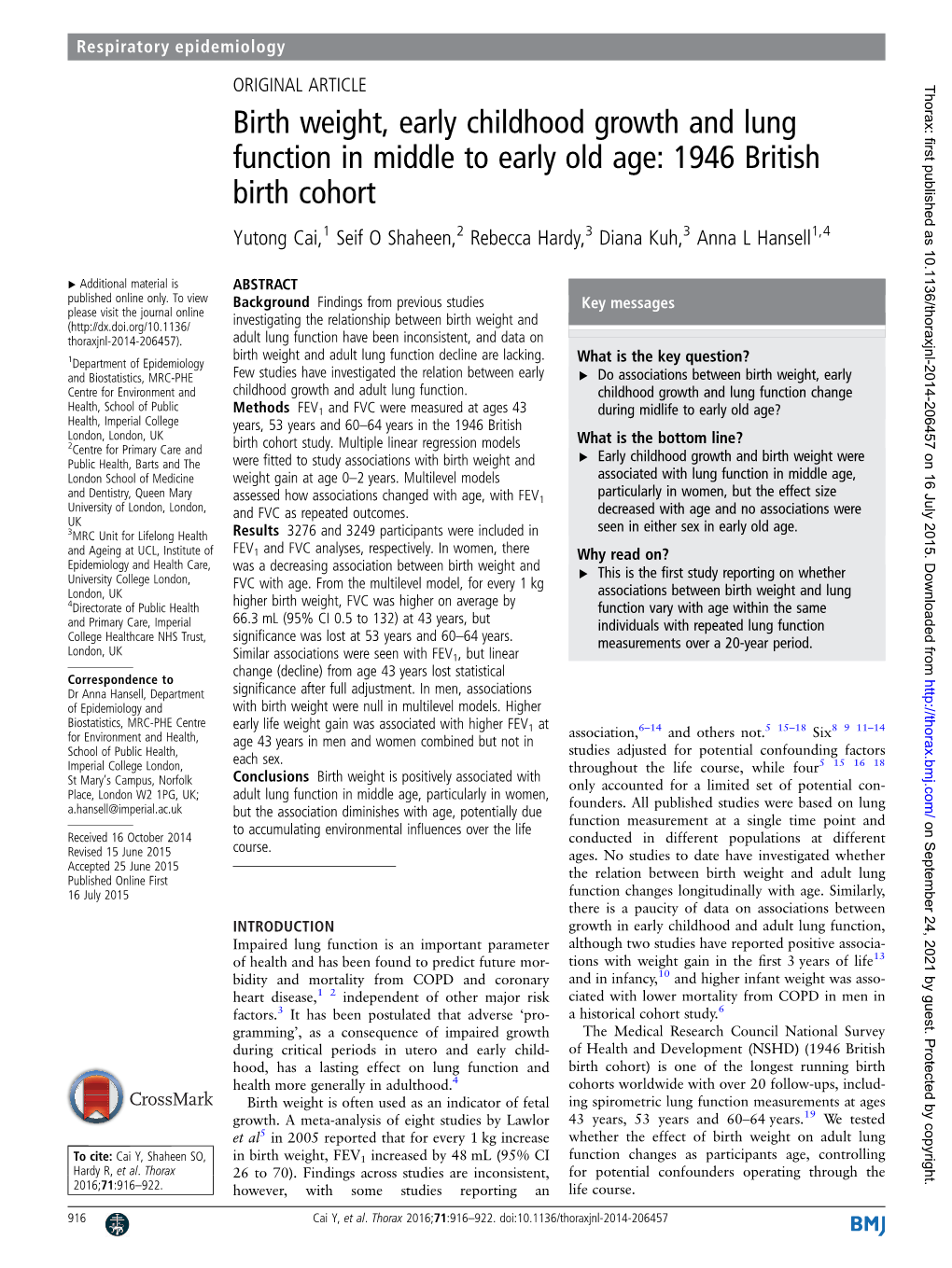 Birth Weight, Early Childhood Growth and Lung Function In