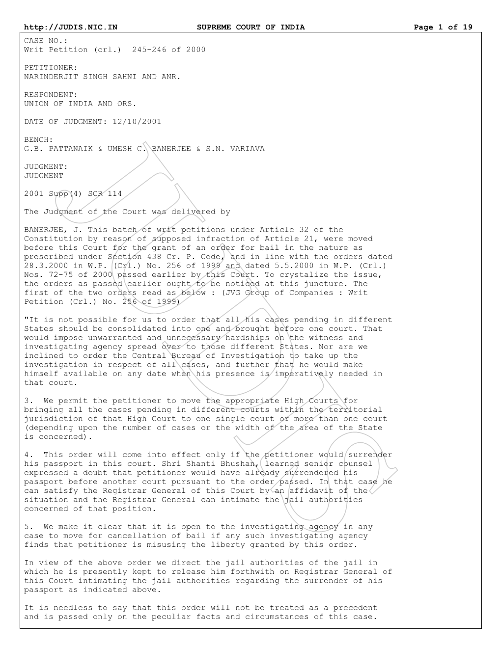 SUPREME COURT of INDIA Page 1 of 19 CASE NO.: Writ Petition (Crl.) 245-246 of 2000