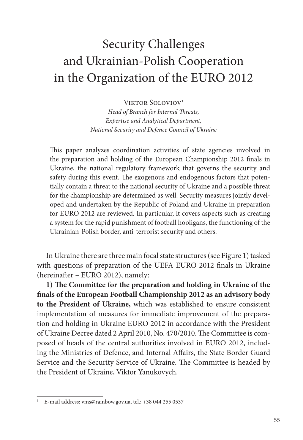 Security Challenges and Ukrainian-Polish Cooperation in the Organization of the EURO 2012