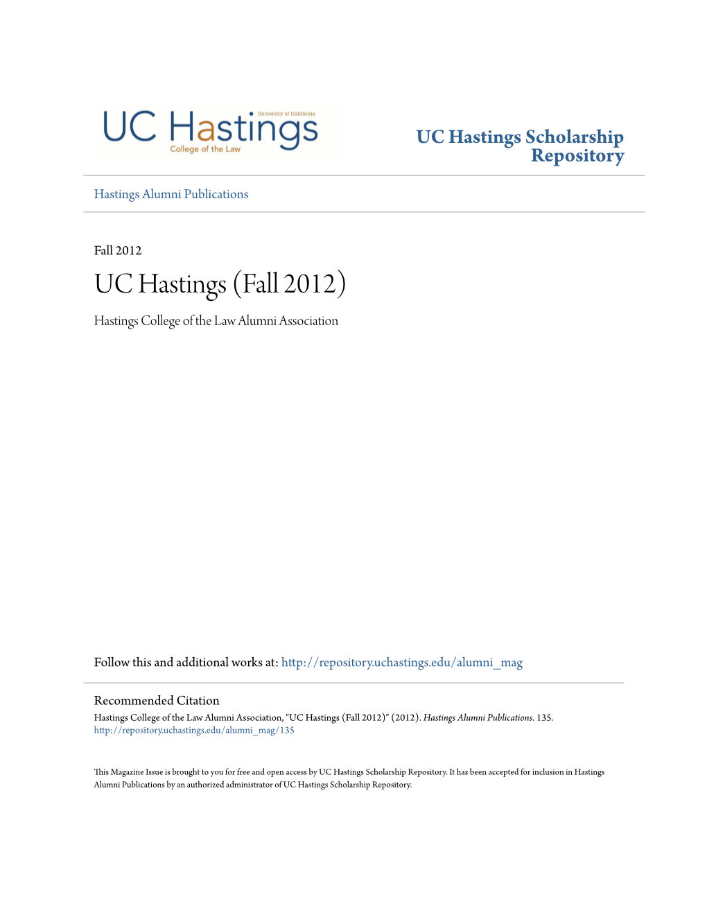 UC Hastings (Fall 2012) Hastings College of the Law Alumni Association