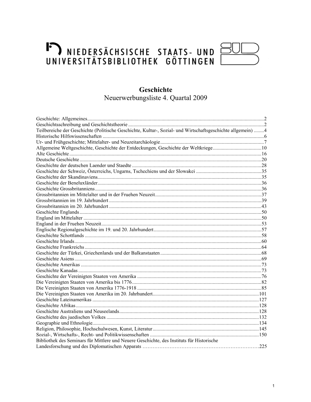 Geschichte Neuerwerbungsliste 4. Quartal 2009