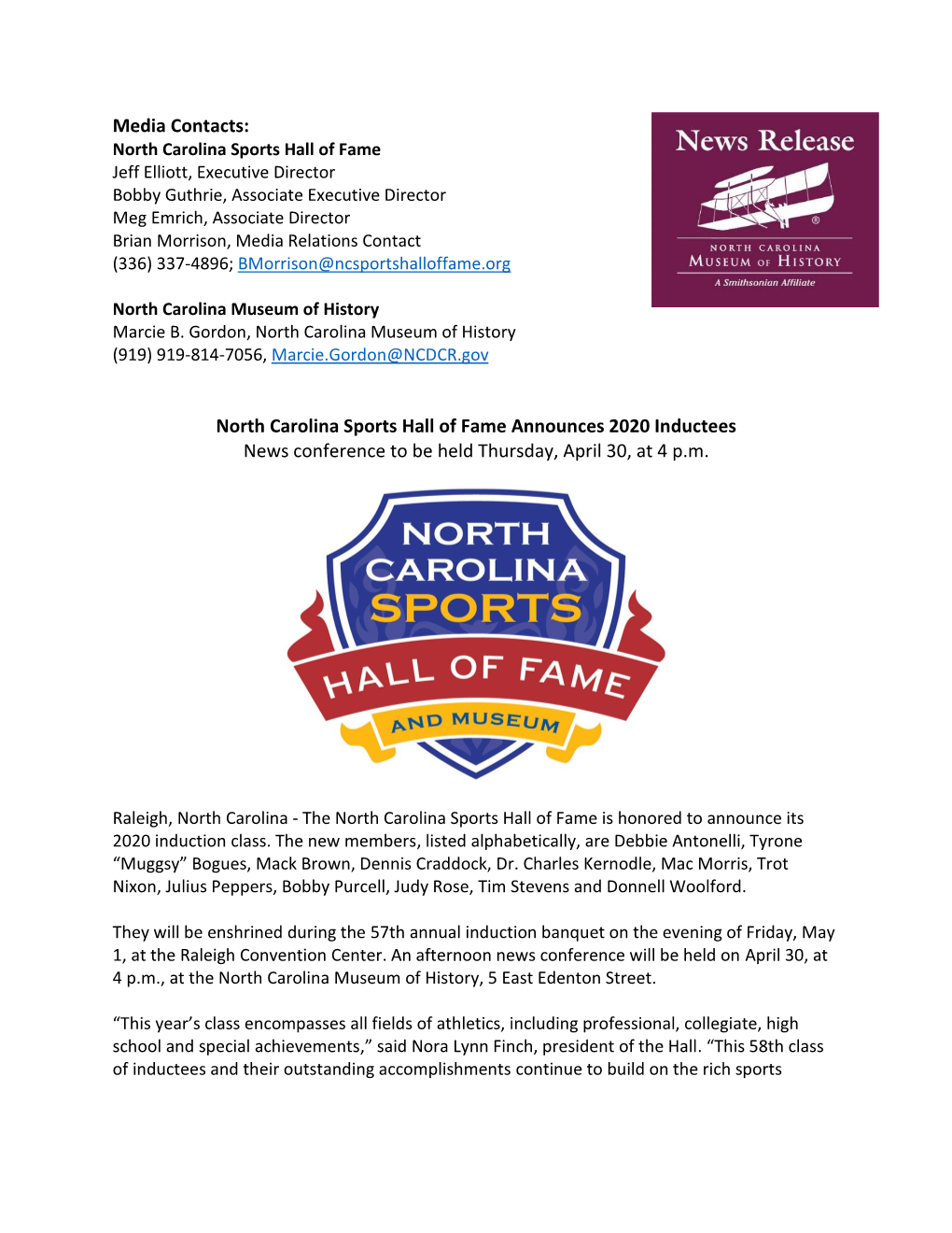 North Carolina Sports Hall of Fame Announces 2020 Inductees News Conference to Be Held Thursday, April 30, at 4 P.M