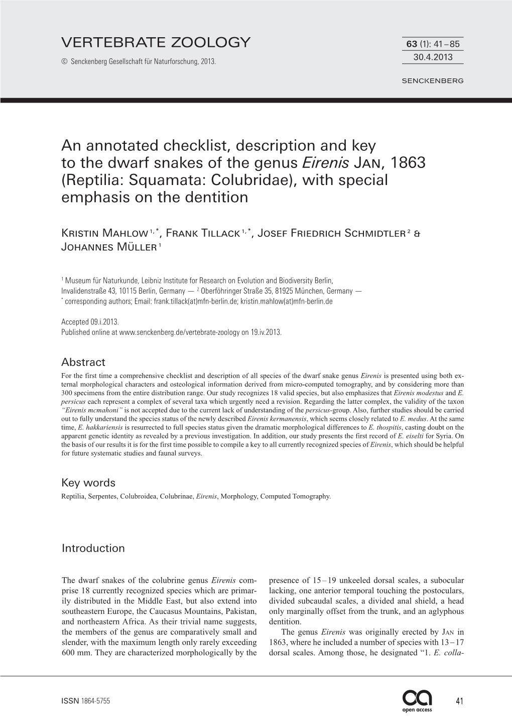 An Annotated Checklist, Description and Key to the Dwarf Snakes of The