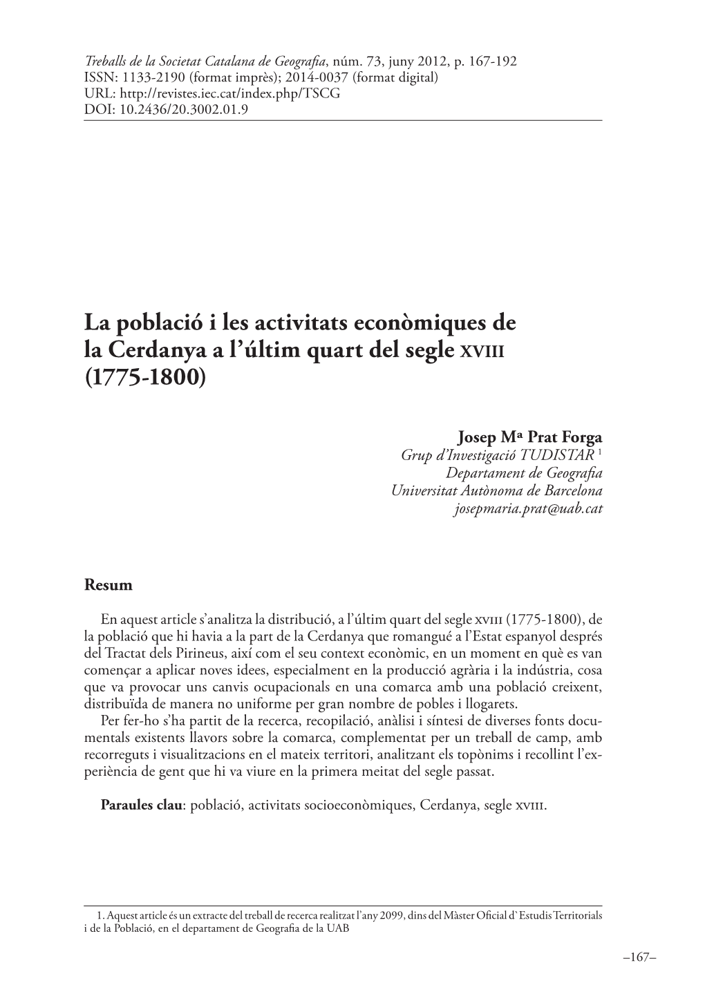 La Població I Les Activitats Econòmiques De La Cerdanya a L’Últim Quart Del Segle X V I I I (1775-1800)