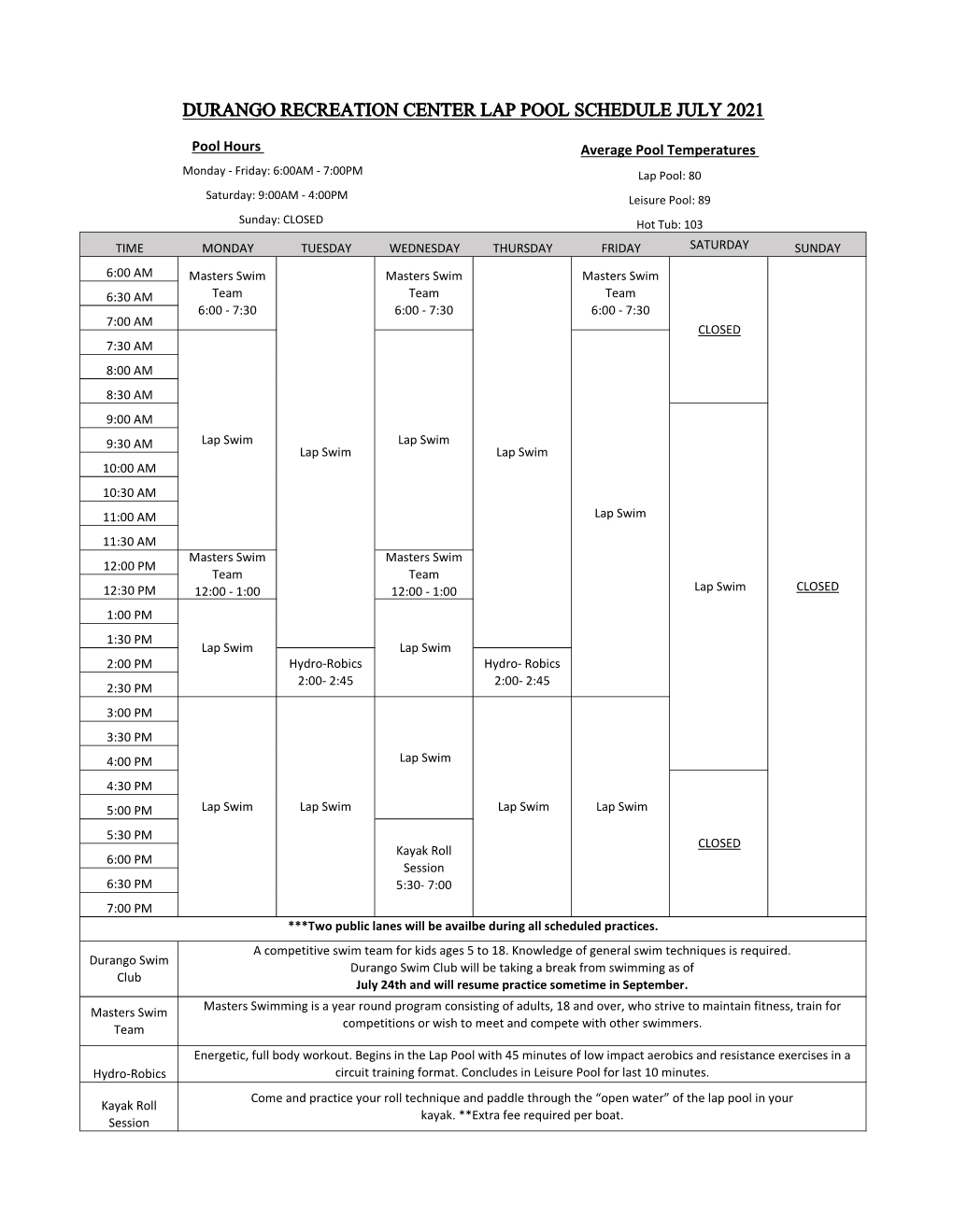 Durango Recreation Center Lap Pool Schedule July 2021