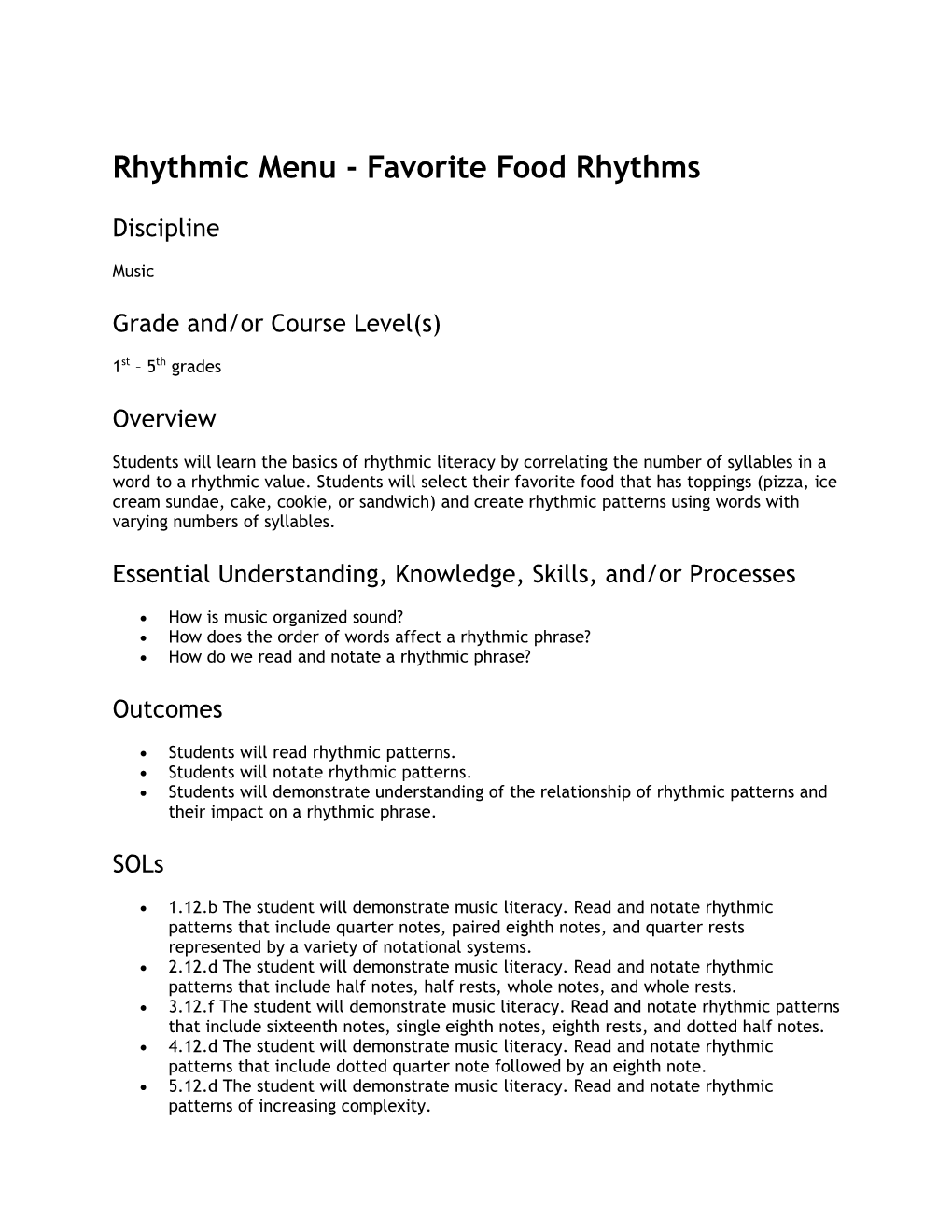 Rhythmic Menu - Favorite Food Rhythms