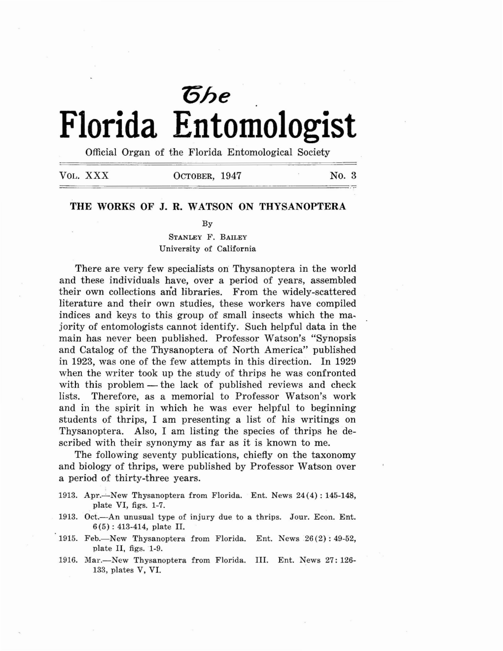 Florida Entomologist Official Organ of the Florida Entomological Society