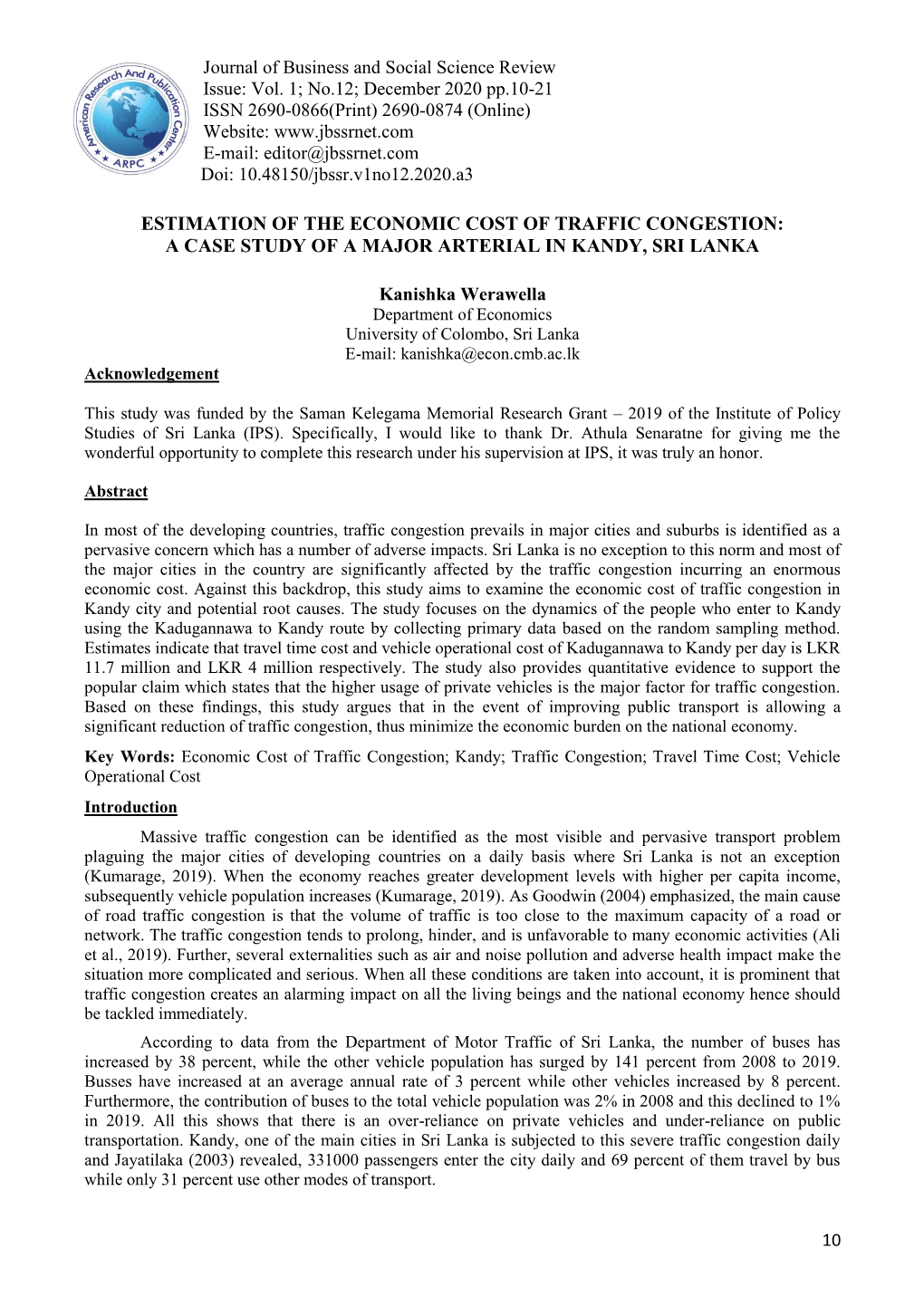 December 2020 Pp.10-21 ISSN 2690-0866(Print) 2690-0874 (Online) Website: E-Mail: Editor@Jbssrnet.Com Doi: 10.48150/Jbssr.V1no12.2020.A3