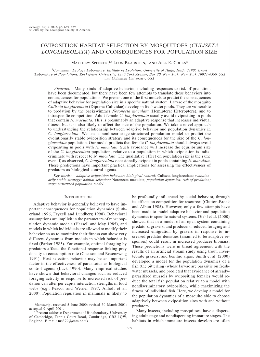 Oviposition Habitat Selection by Mosquitoes (Culiseta Longiareolata) and Consequences for Population Size