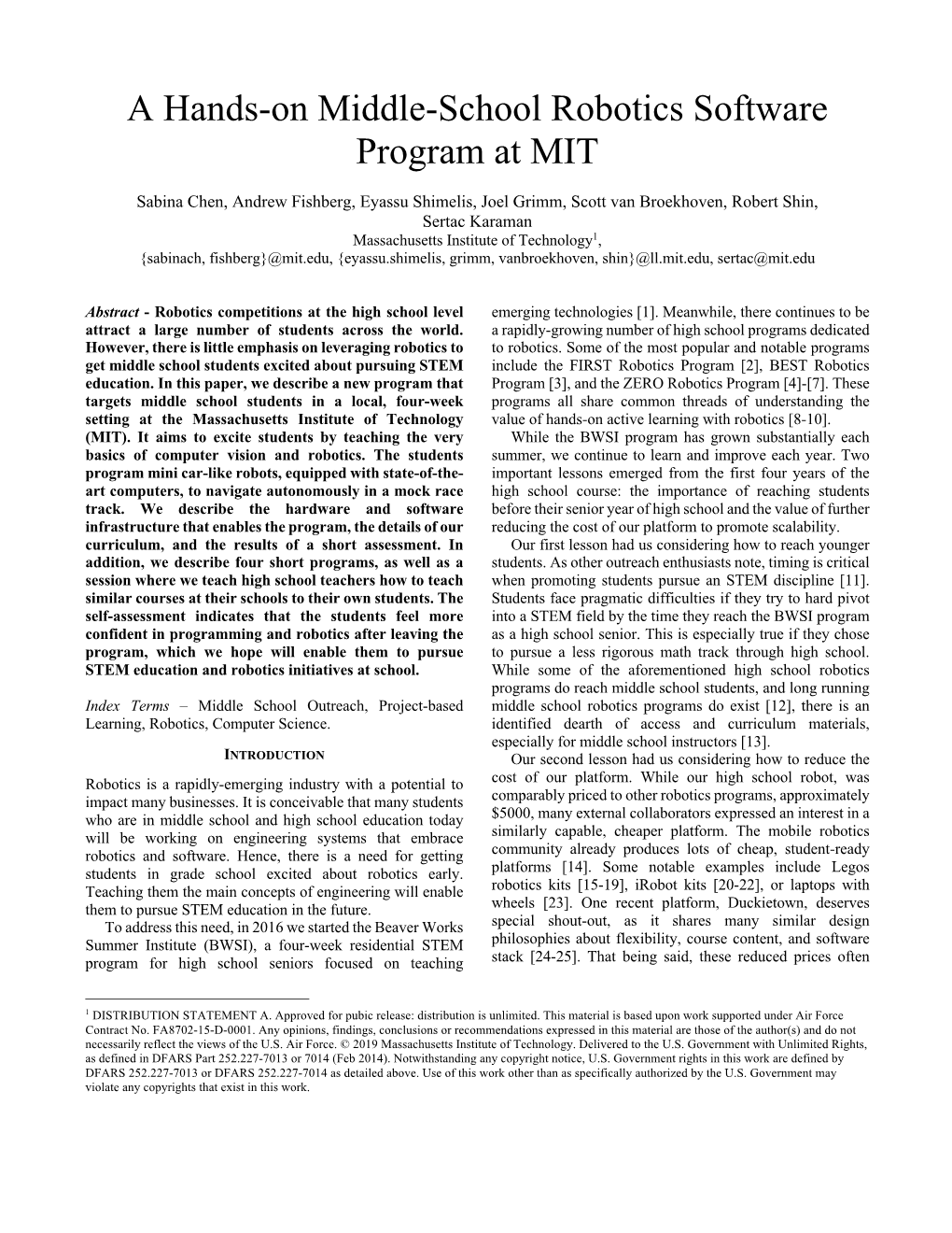 A Hands-On Middle-School Robotics Software Program at MIT