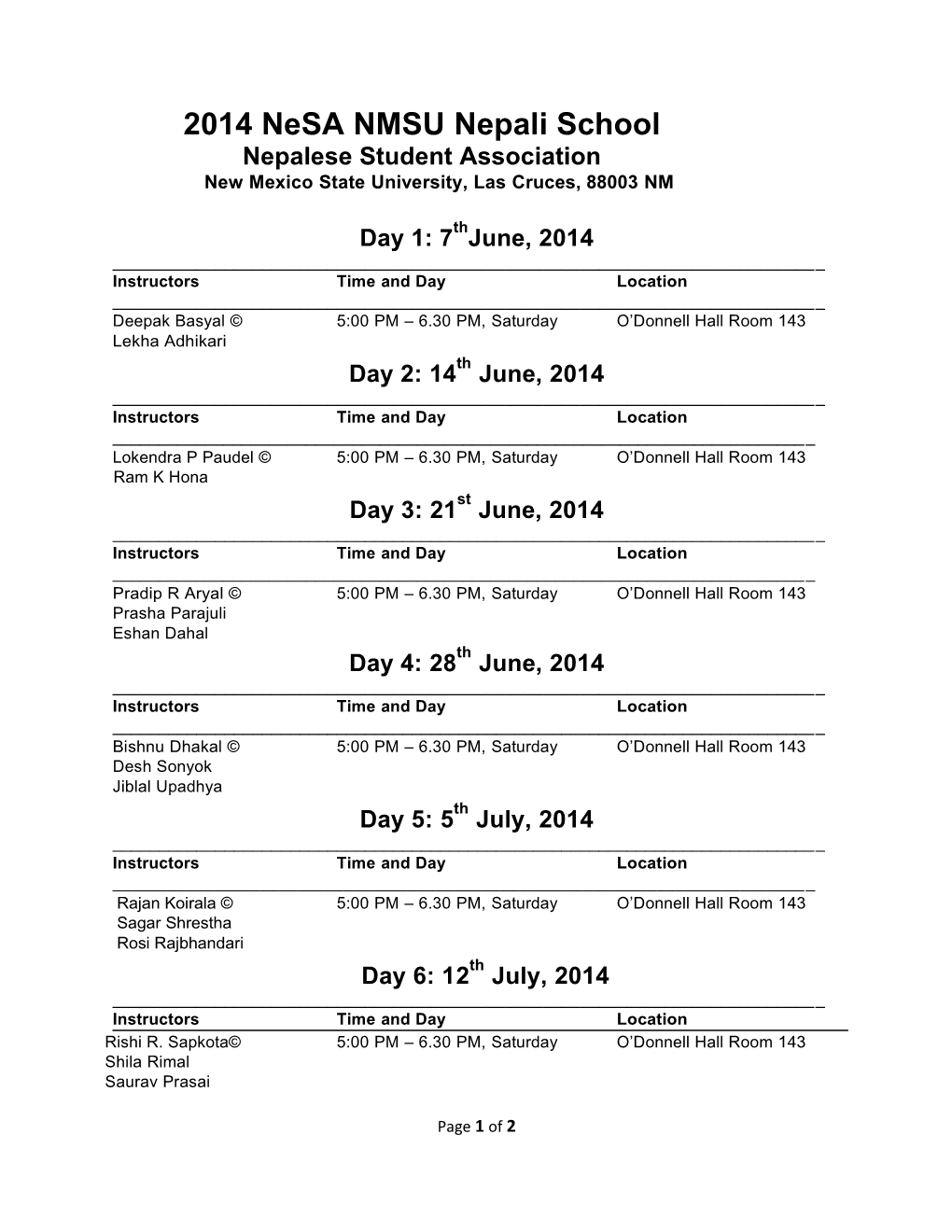 2014 Nesa NMSU Nepali School