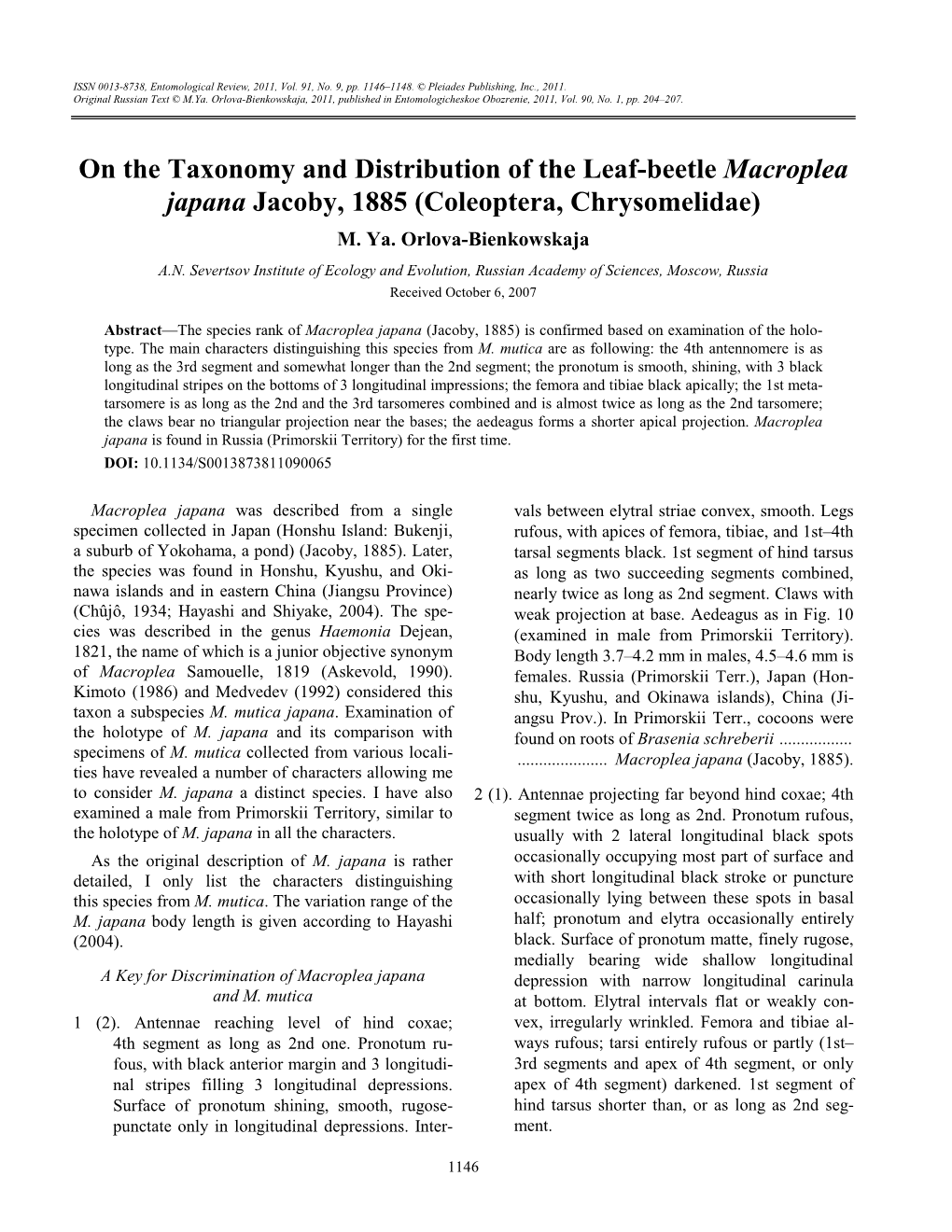 On the Taxonomy and Distribution of the Leaf-Beetle Macroplea Japana Jacoby, 1885 (Coleoptera, Chrysomelidae) M