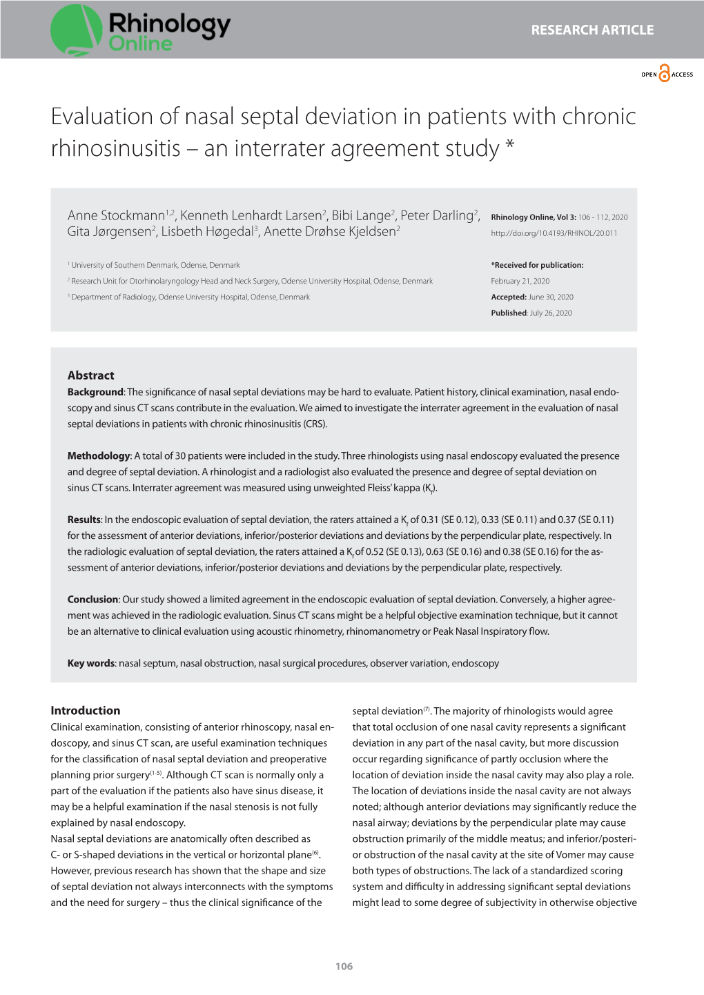 Evaluation of Nasal Septal Deviation in Patients with Chronic Rhinosinusitis – an Interrater Agreement Study *