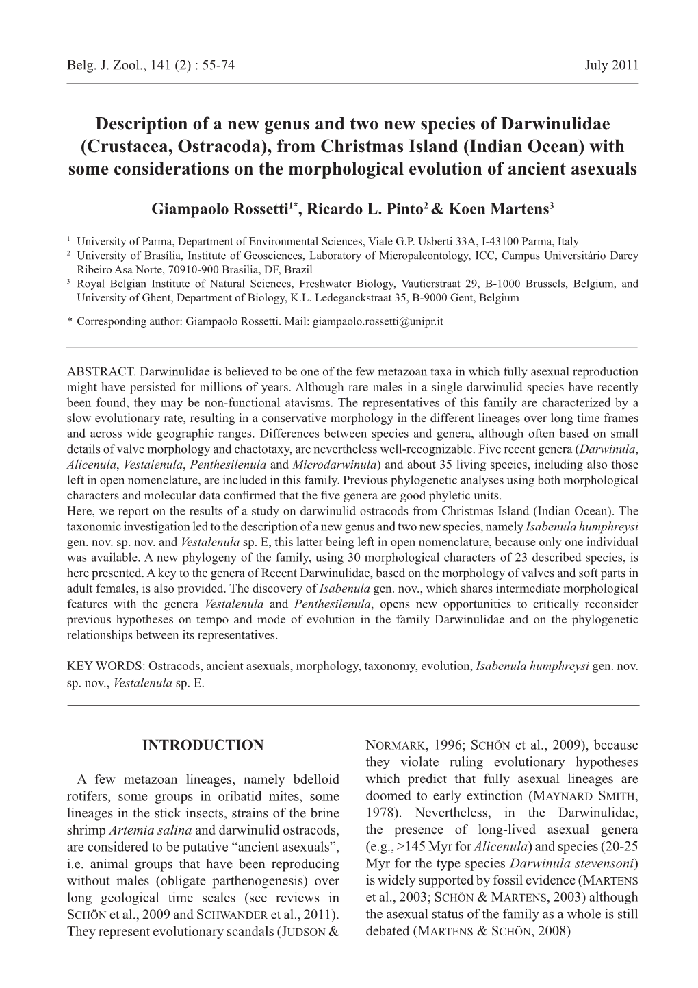 Crustacea, Ostracoda), from Christmas Island (Indian Ocean) with Some Considerations on the Morphological Evolution of Ancient Asexuals