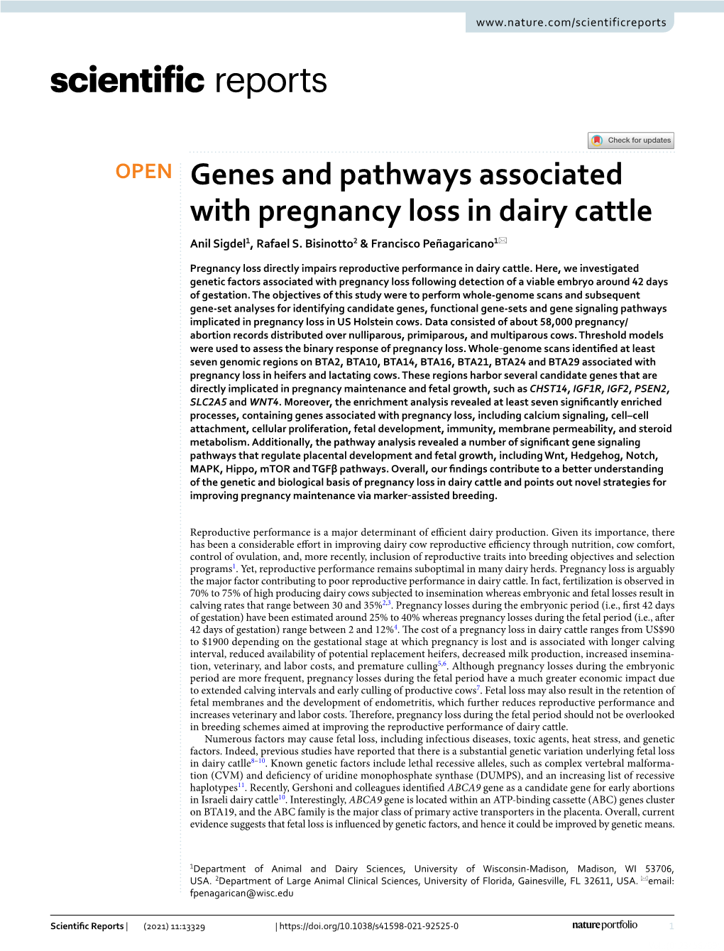 Genes and Pathways Associated with Pregnancy Loss in Dairy Cattle Anil Sigdel1, Rafael S