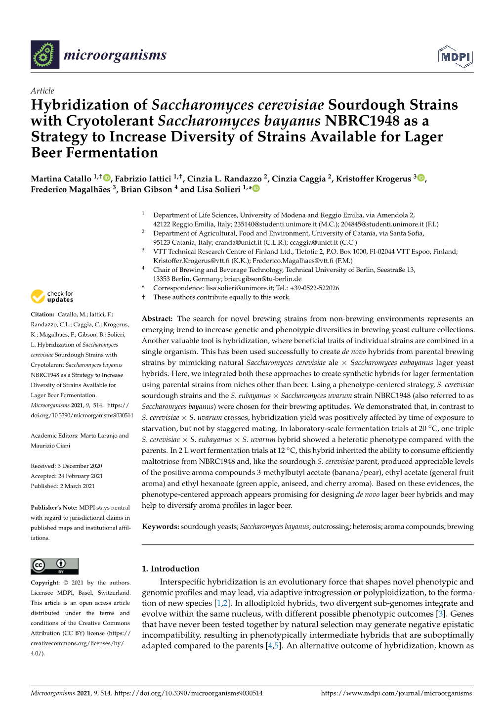 Hybridization of Saccharomyces Cerevisiae Sourdough Strains with Cryotolerant Saccharomyces Bayanus NBRC1948 As a Strategy to In