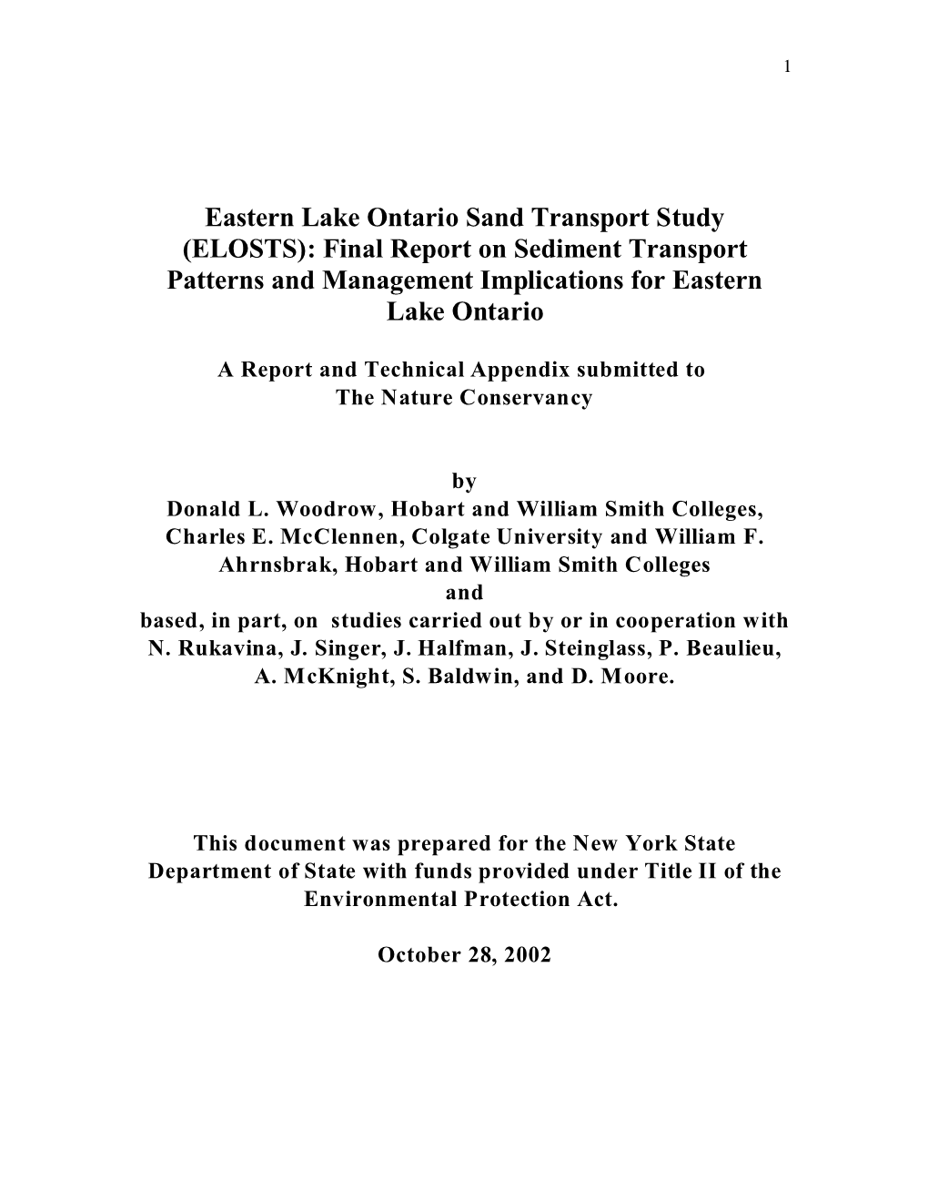 Eastern Lake Ontario Sand Transport Study (ELOSTS): Final Report on Sediment Transport Patterns and Management Implications for Eastern Lake Ontario