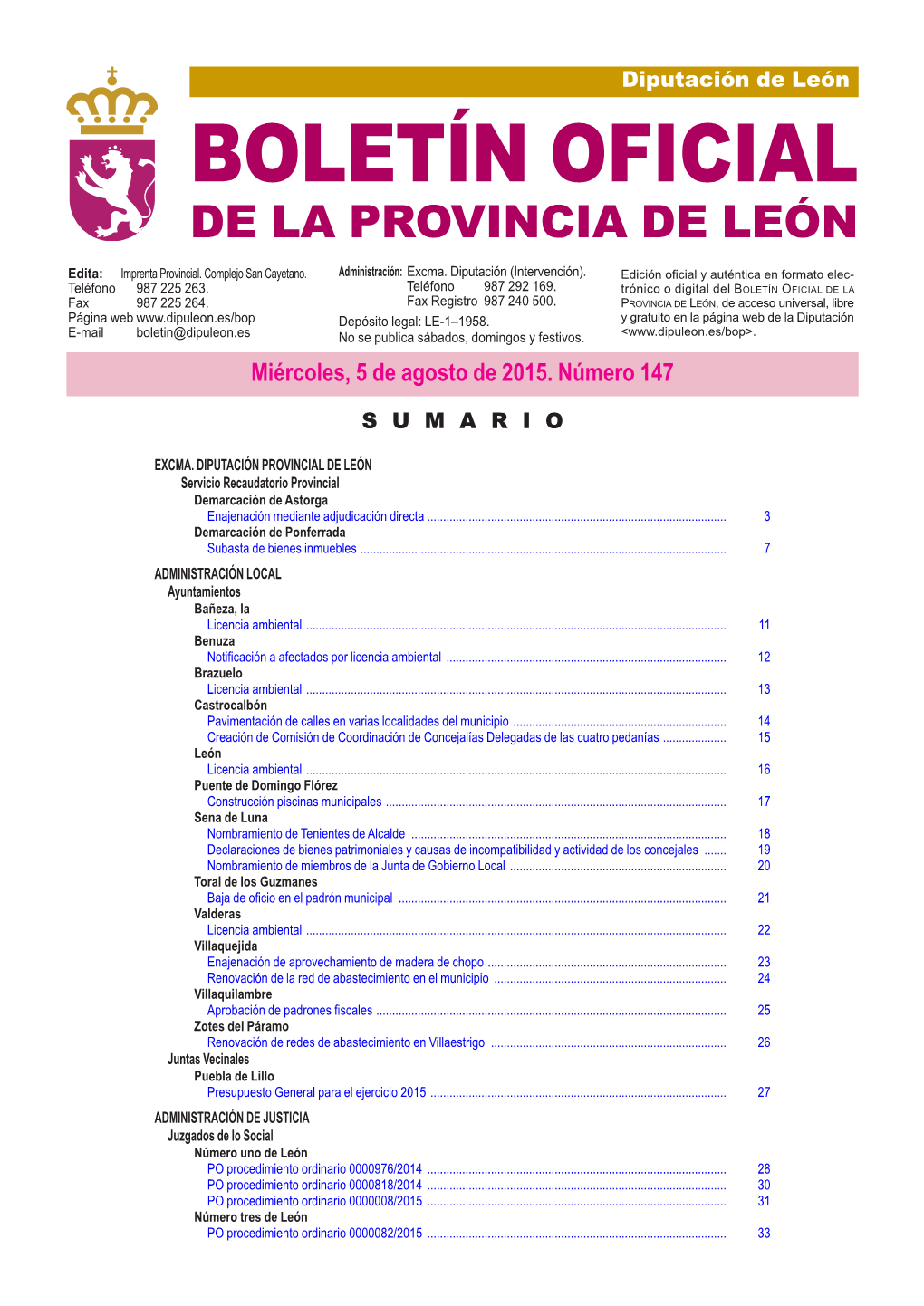 BOLETÍN OFICIAL DE LA PROVINCIA DE LEÓN Edita: Imprenta Provincial