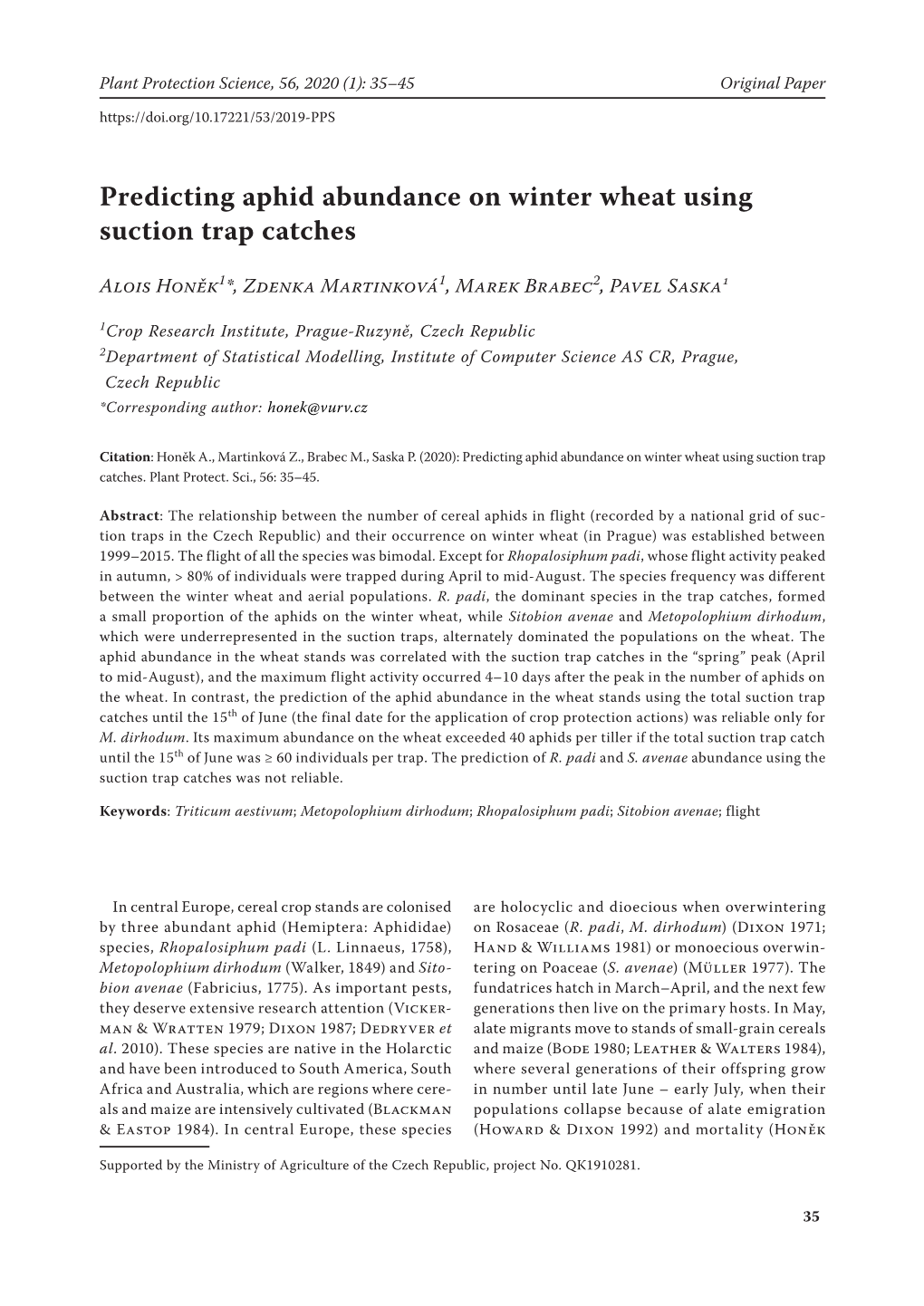 Predicting Aphid Abundance on Winter Wheat Using Suction Trap Catches