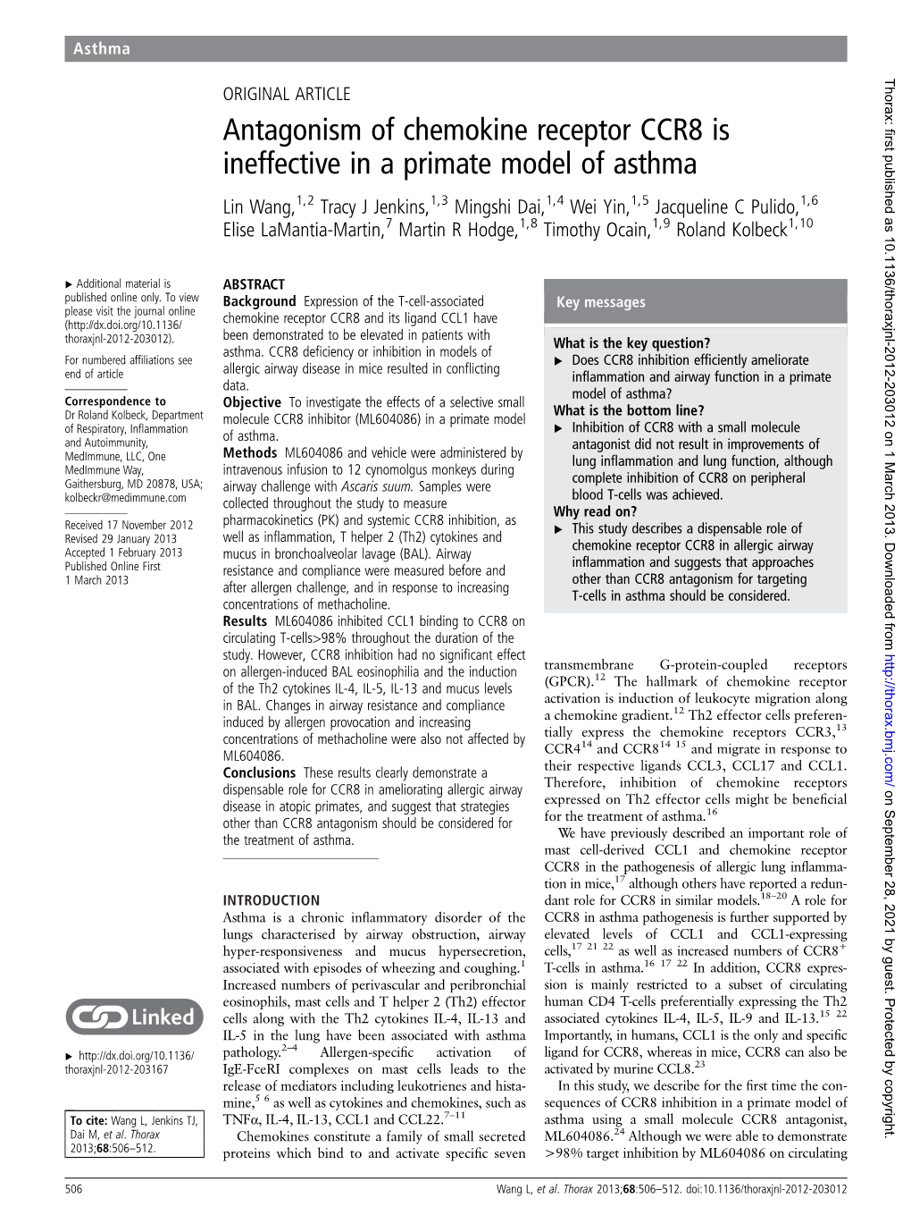 Antagonism of Chemokine Receptor CCR8 Is Ineffective in a Primate