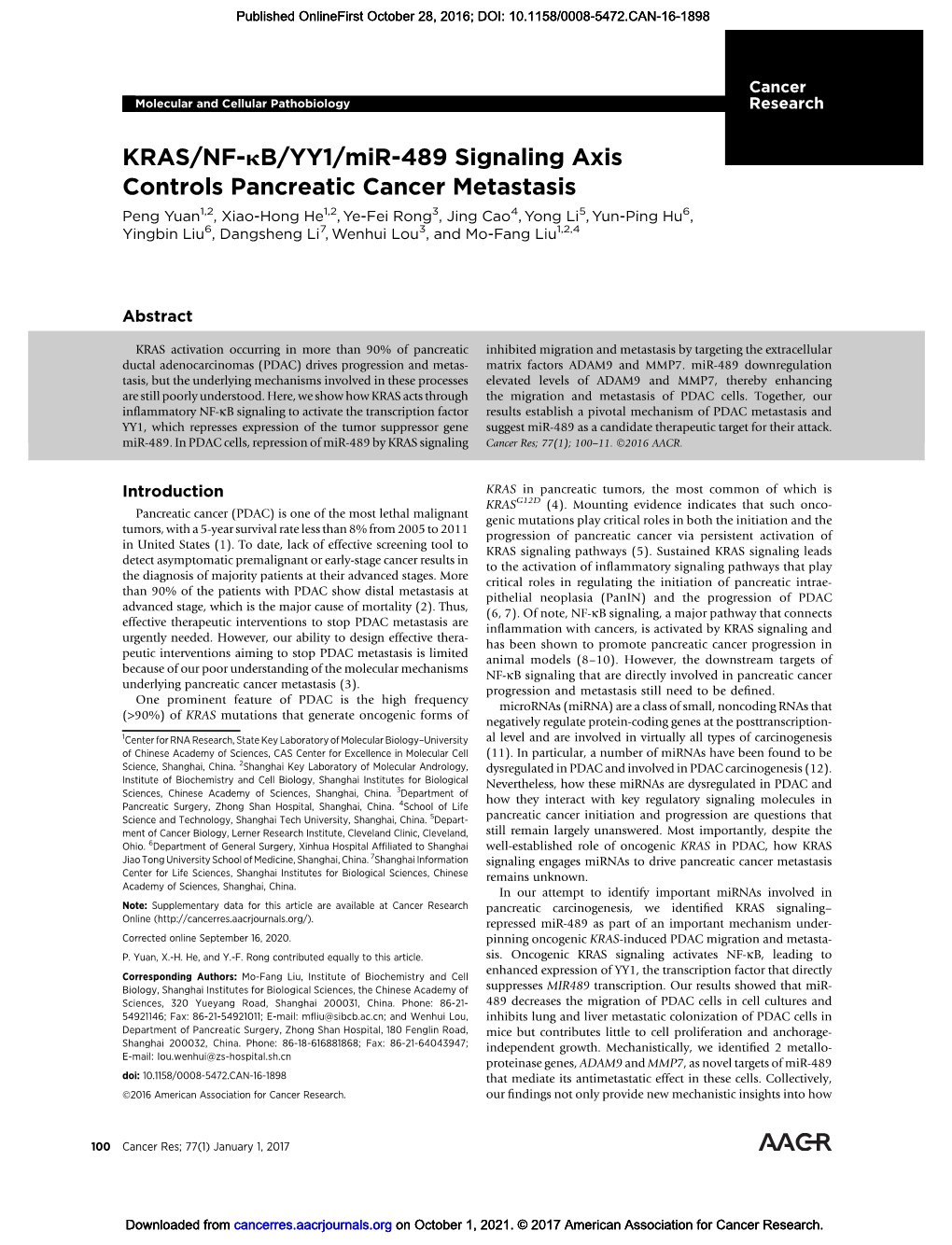 KRAS/NF-Kb/YY1/Mir-489 Signaling Axis Controls Pancreatic Cancer