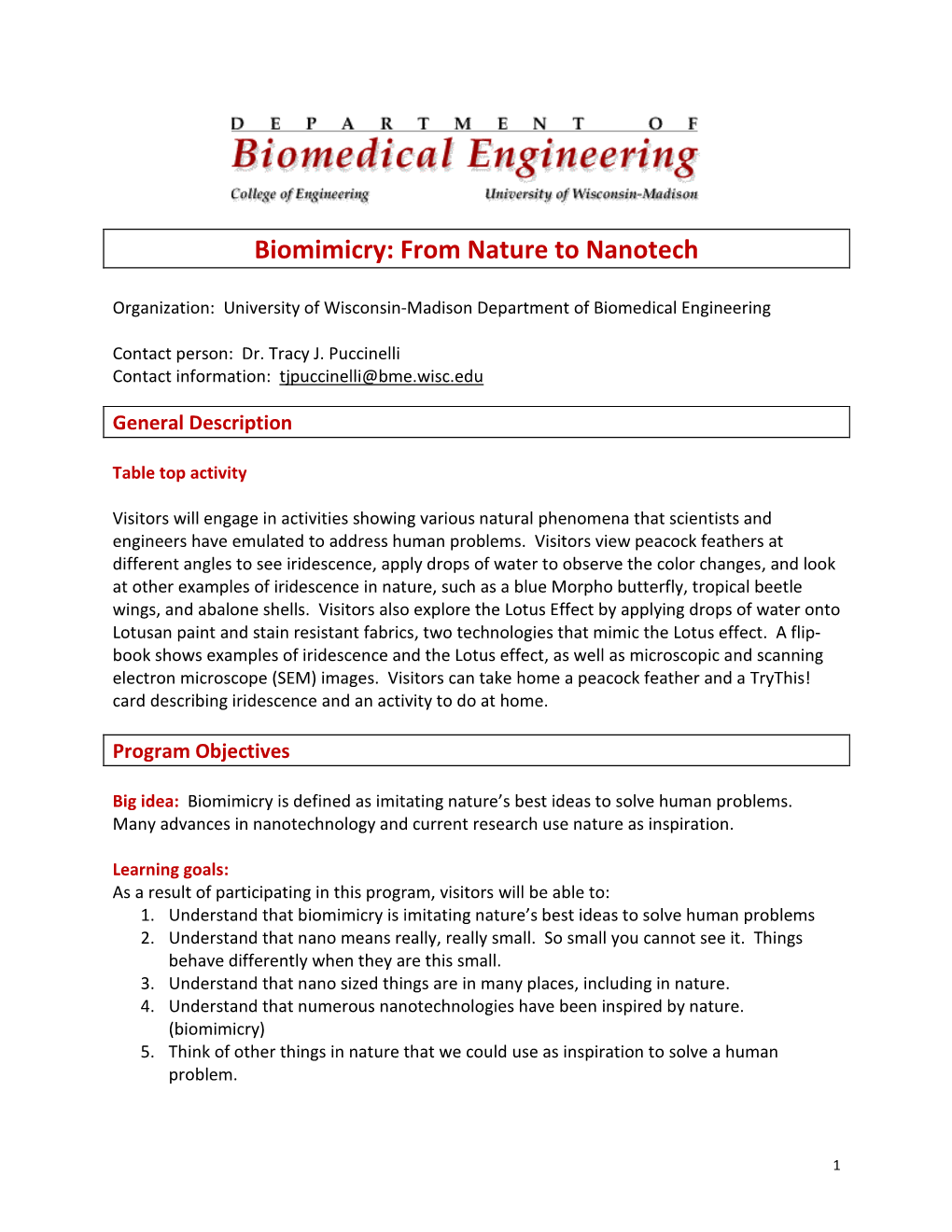 EXAMPLE Biomimicry Outreach Activity