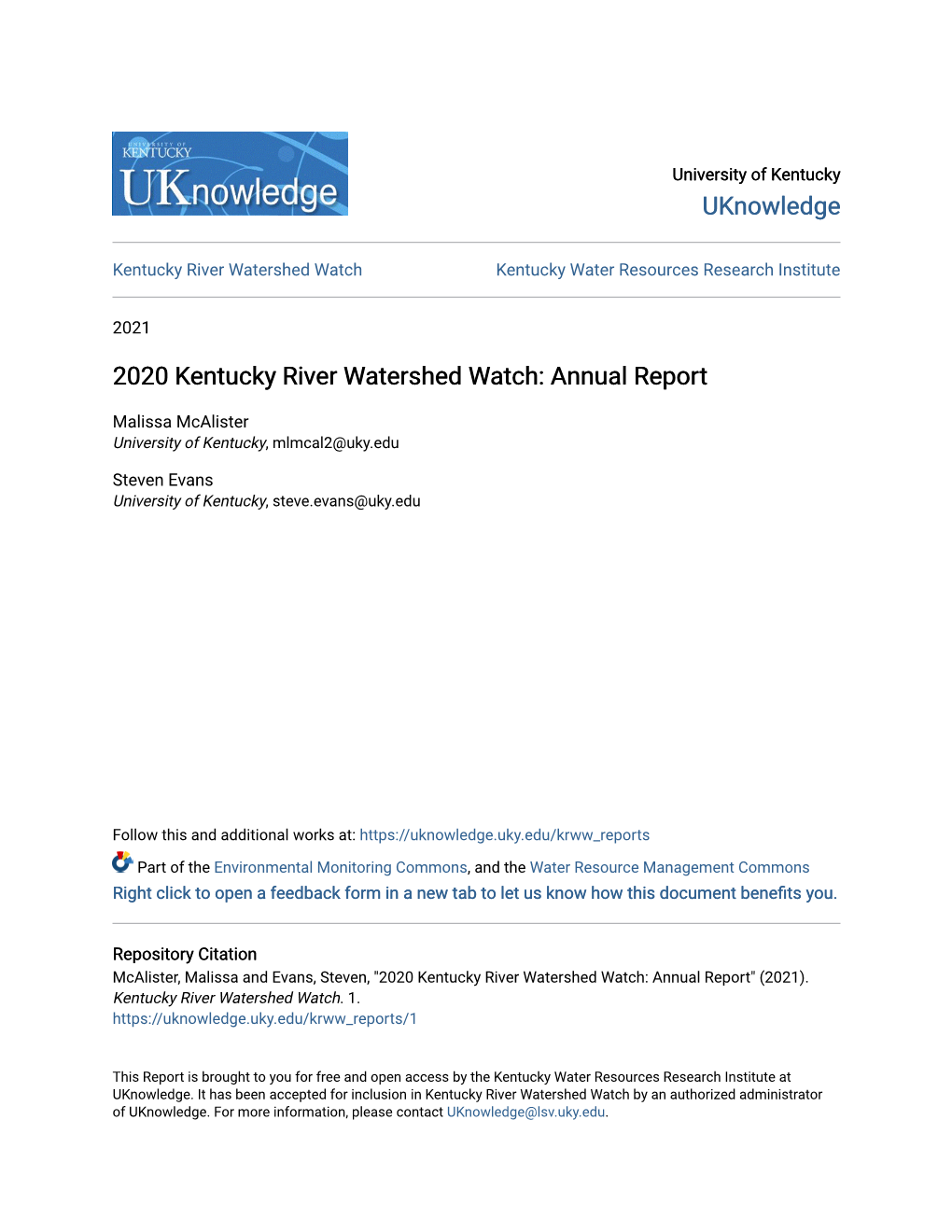 2020 Kentucky River Watershed Watch: Annual Report