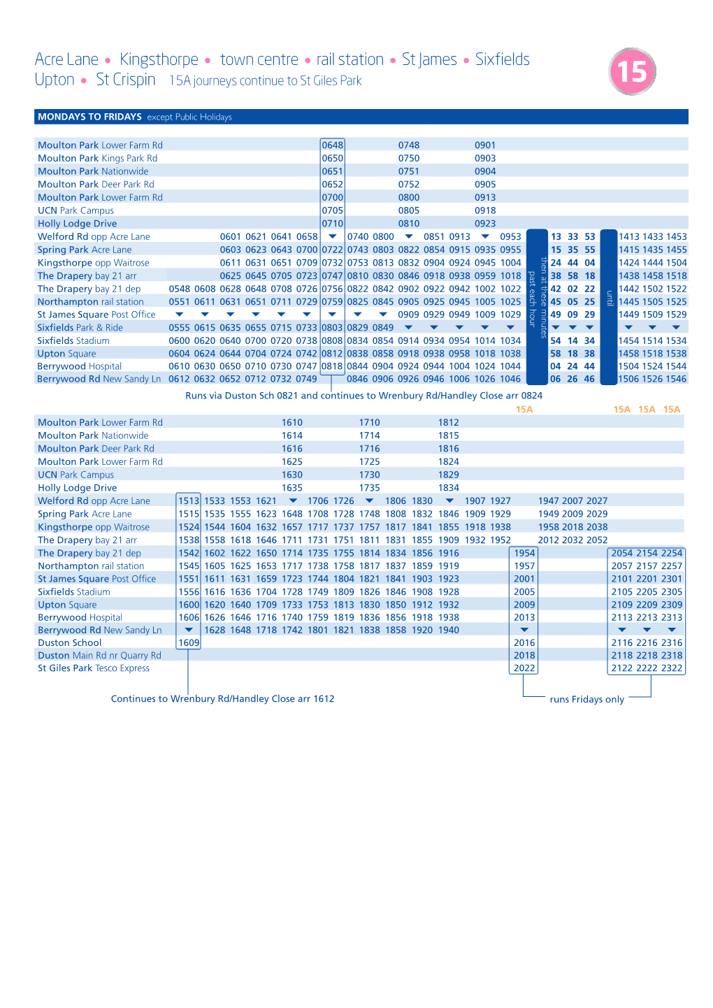 Acre Lane Kingsthorpe Town Centre Rail Station St James Sixfields Upton St Crispin 15A Journeys Continue to St Giles Park