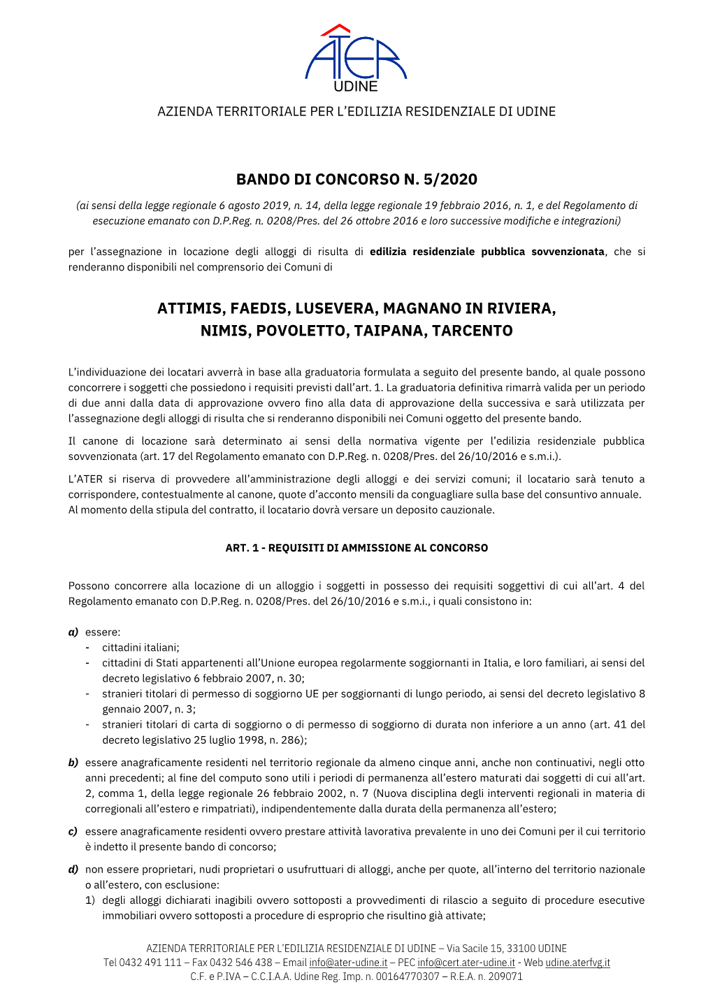 Bando Di Concorso N. 5/2020 Attimis, Faedis, Lusevera