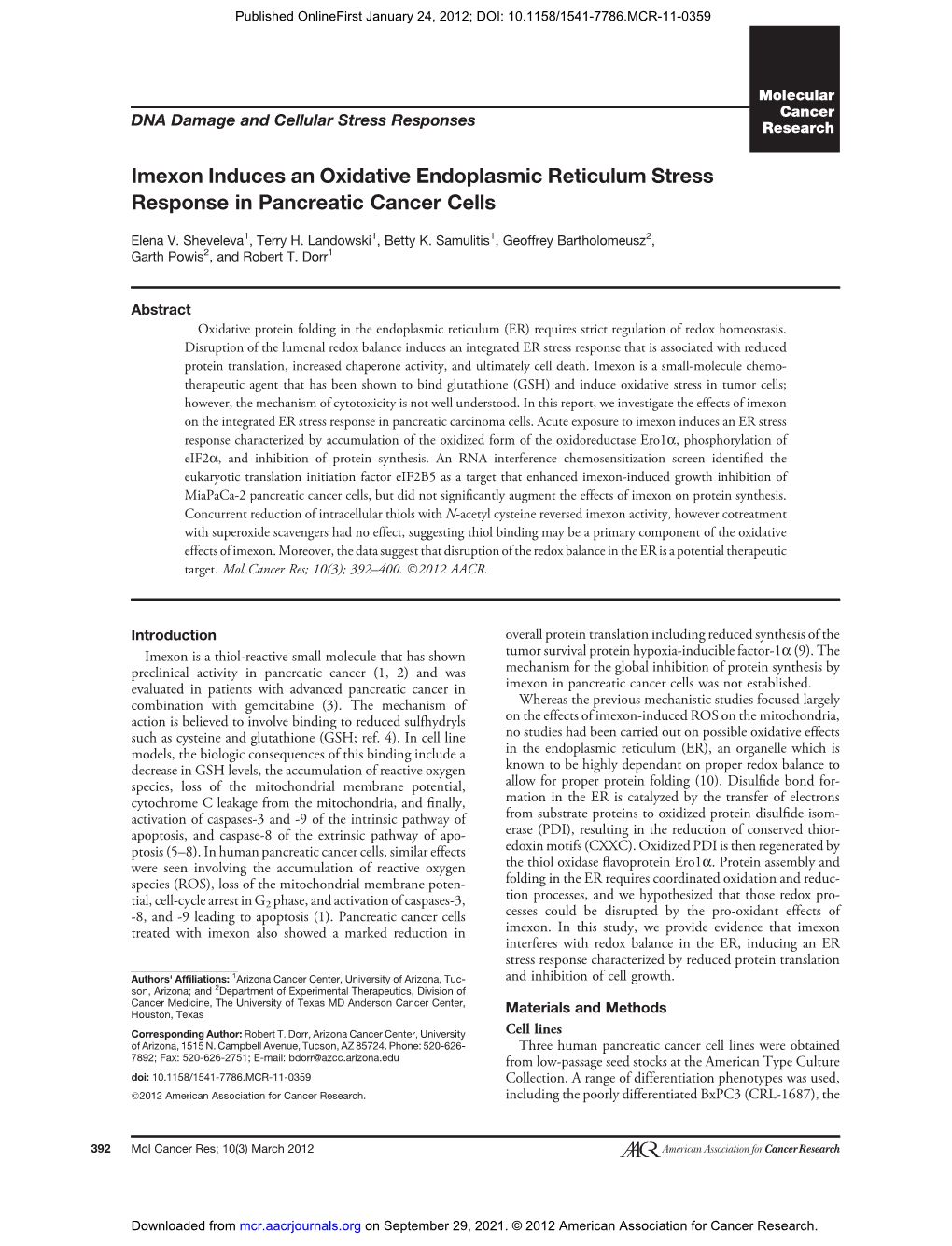 Imexon Induces an Oxidative Endoplasmic Reticulum Stress Response in Pancreatic Cancer Cells