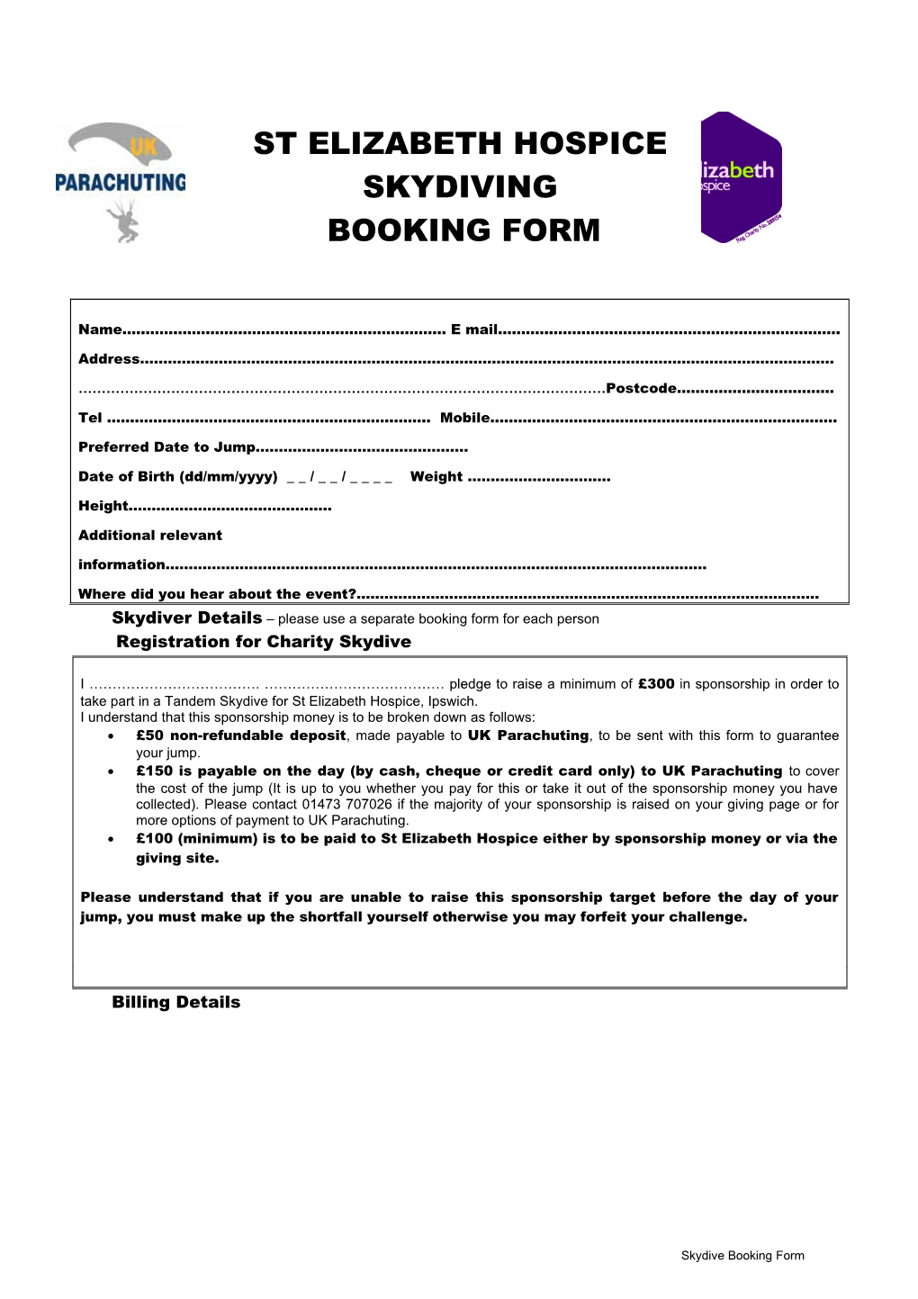 Skydiver Details Please Use a Separate Booking Form for Each Person