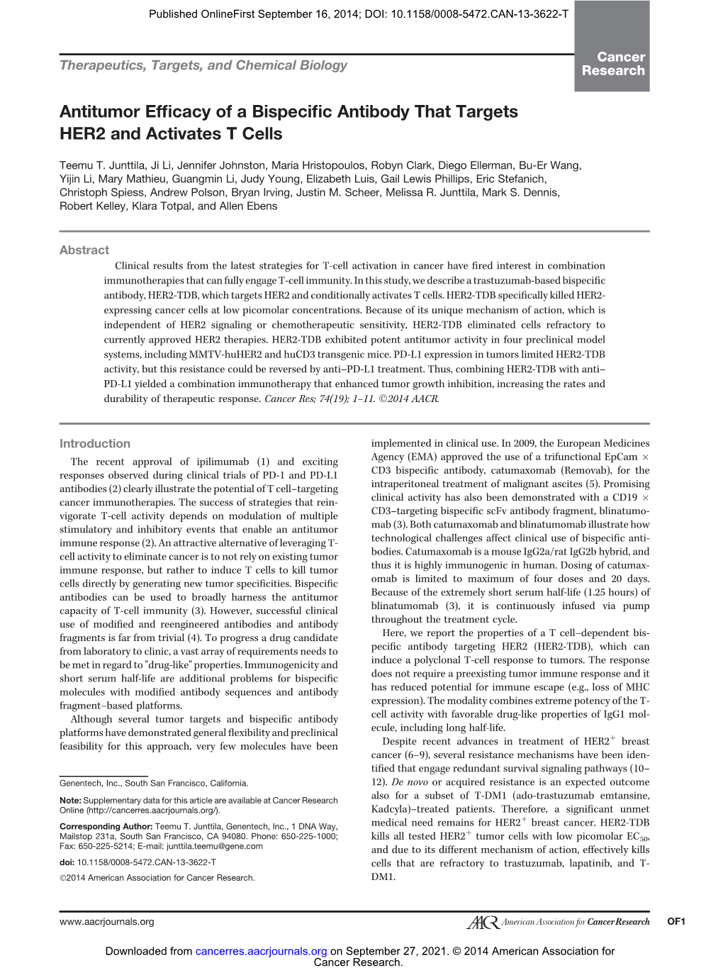 Antitumor Efficacy of a Bispecific Antibody That Targets HER2 and Activates T Cells