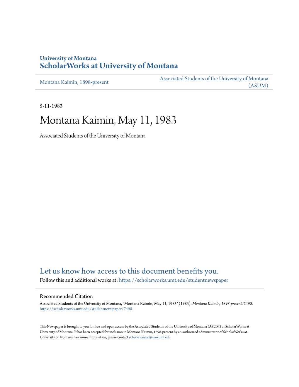 Montana Kaimin, May 11, 1983 Associated Students of the University of Montana