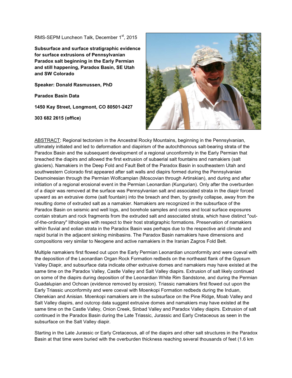 RMS-SEPM Luncheon Talk, December 1St, 2015 Subsurface and Surface Stratigraphic Evidence for Surface Extrusions of Pennsylvanian