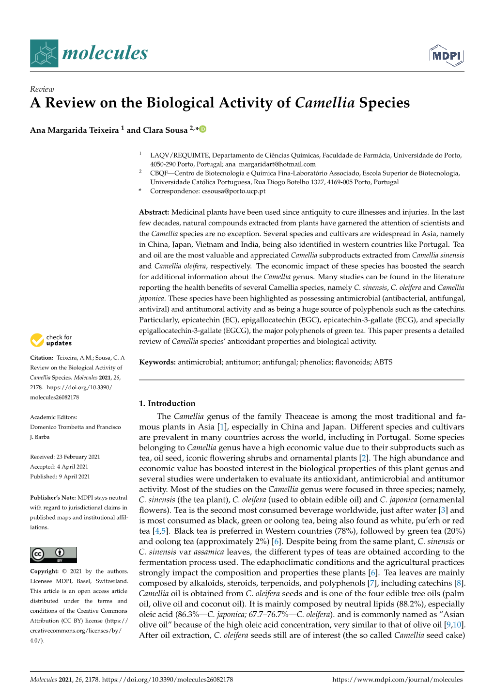 A Review on the Biological Activity of Camellia Species