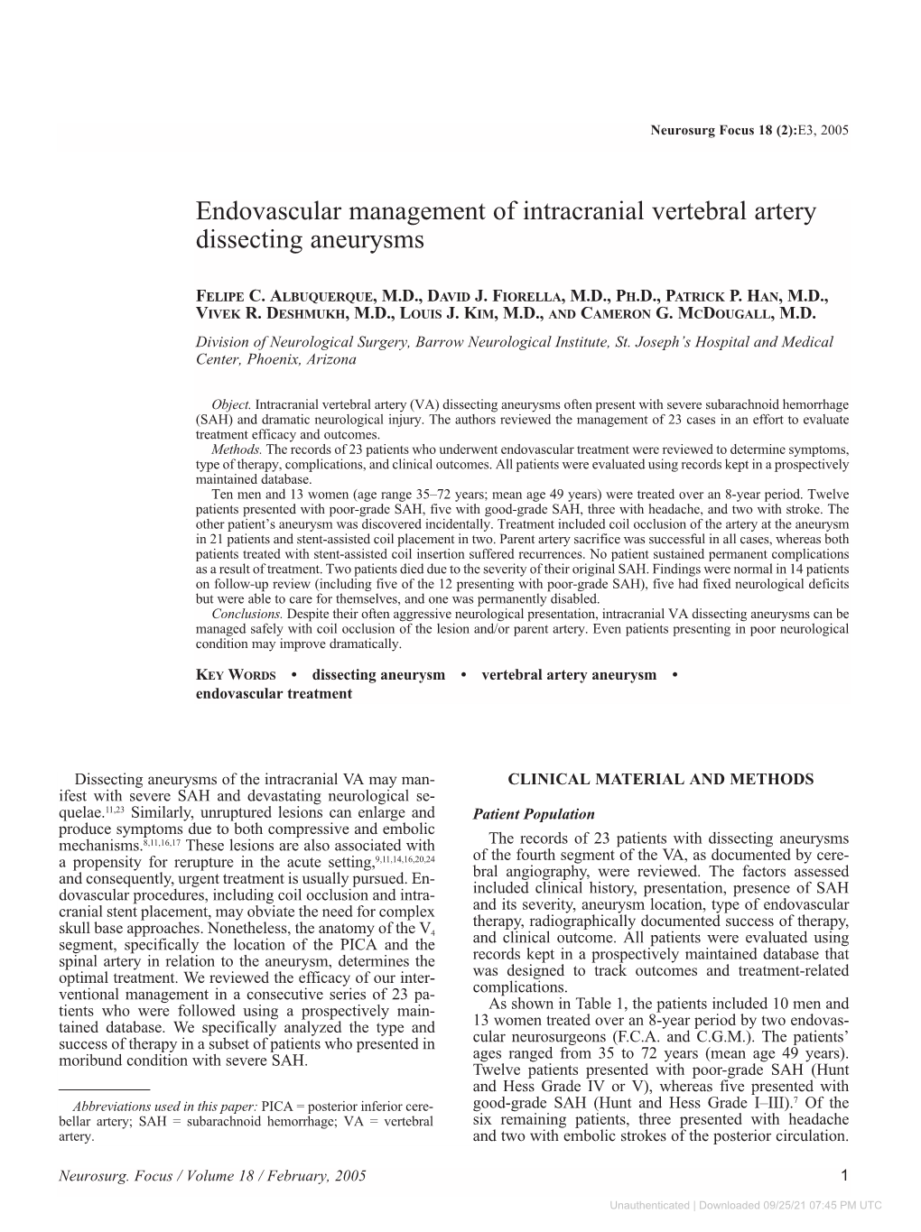 Endovascular Management of Intracranial Vertebral Artery Dissecting Aneurysms