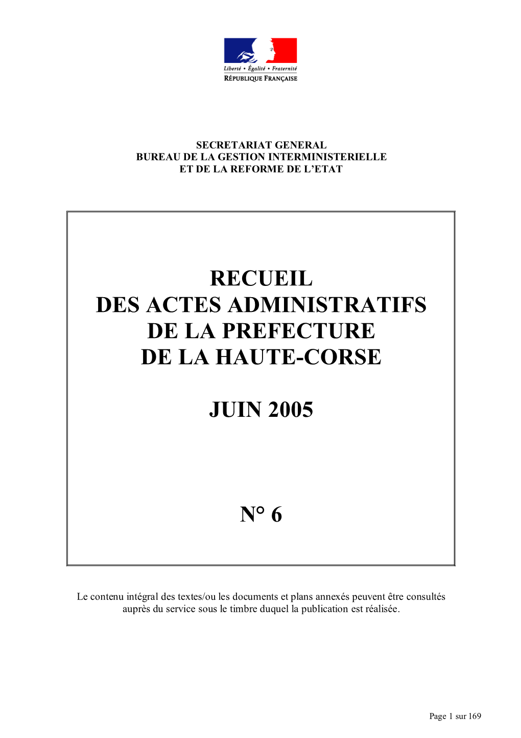Recueil Des Actes Administratifs De La Prefecture De La Haute-Corse