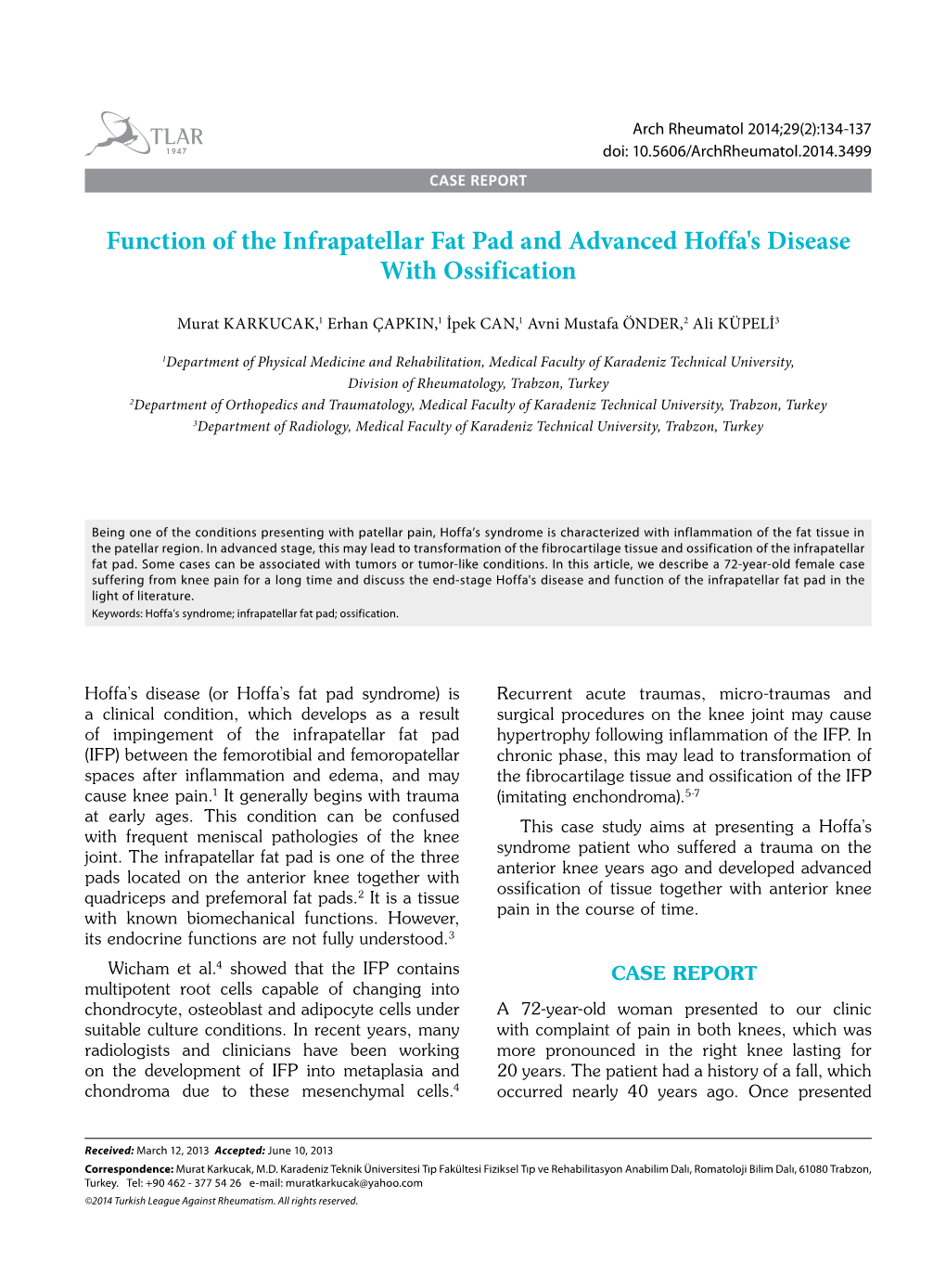 Function of the Infrapatellar Fat Pad and Advanced Hoffa's Disease with Ossification