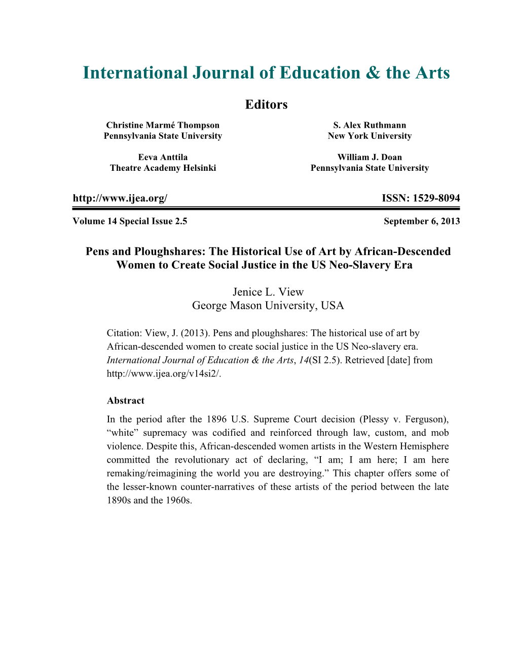 Pens and Ploughshares: the Historical Use of Art by African-Descended Women to Create Social Justice in the US Neo-Slavery Era