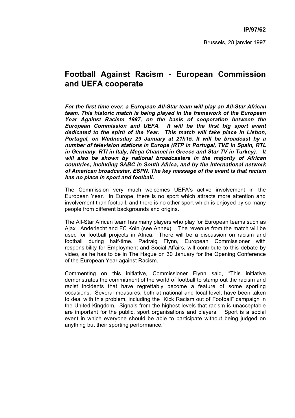 Football Against Racism - European Commission and UEFA Cooperate