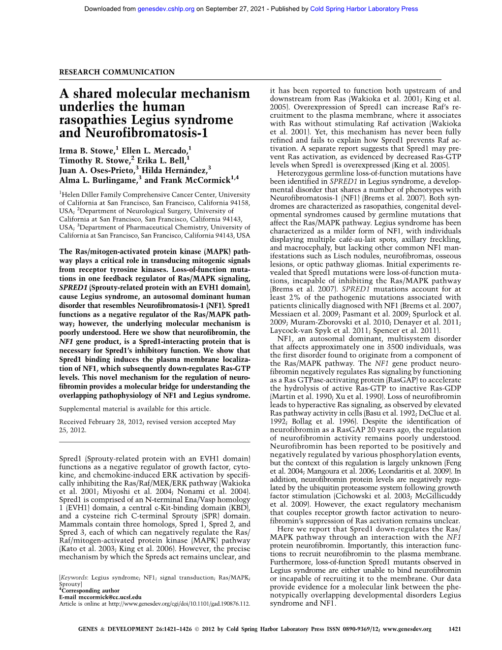 A Shared Molecular Mechanism Underlies the Human Rasopathies Legius Syndrome and Neurofibromatosis-1