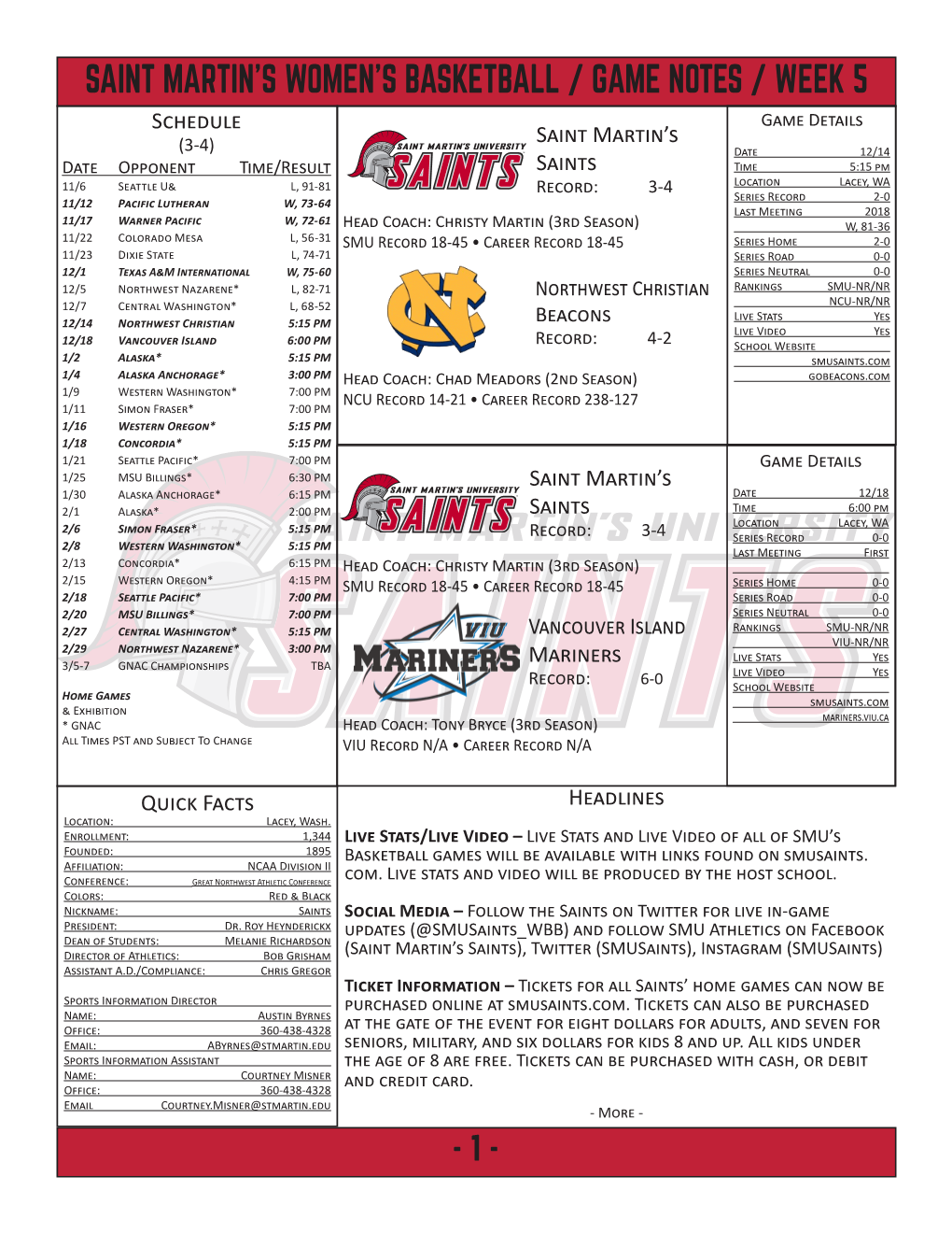 Saint Martin's Women's Basketball / Game Notes