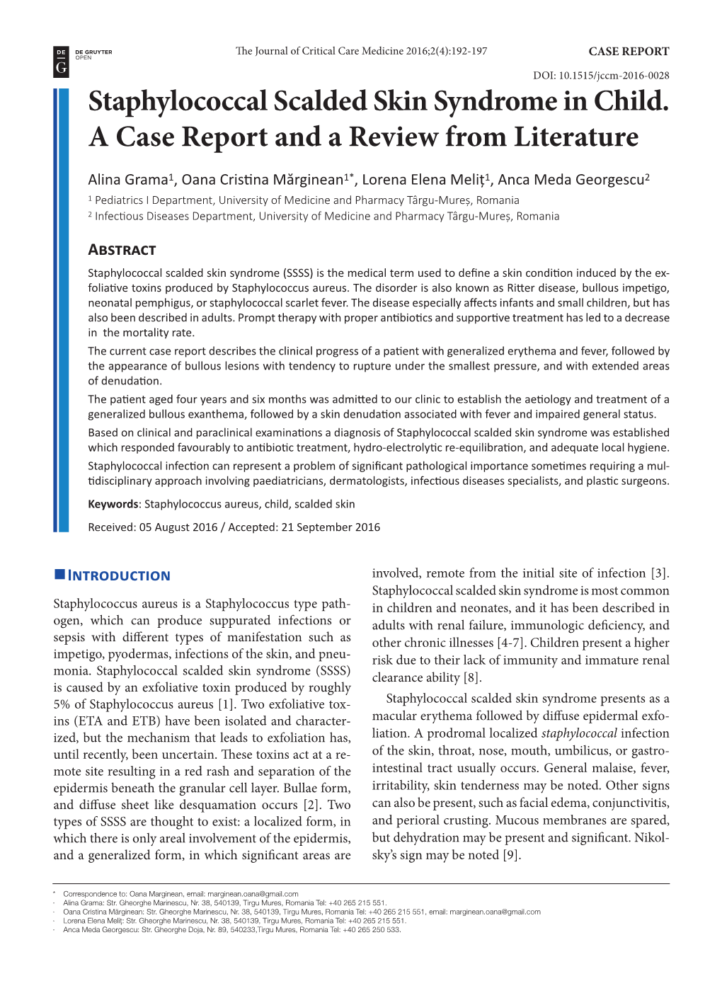 Staphylococcal Scalded Skin Syndrome in Child. a Case Report and a Review from Literature