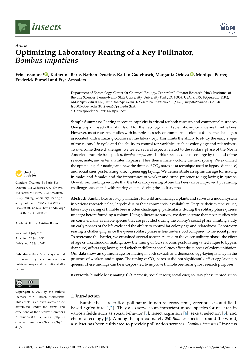 Optimizing Laboratory Rearing of a Key Pollinator, Bombus Impatiens