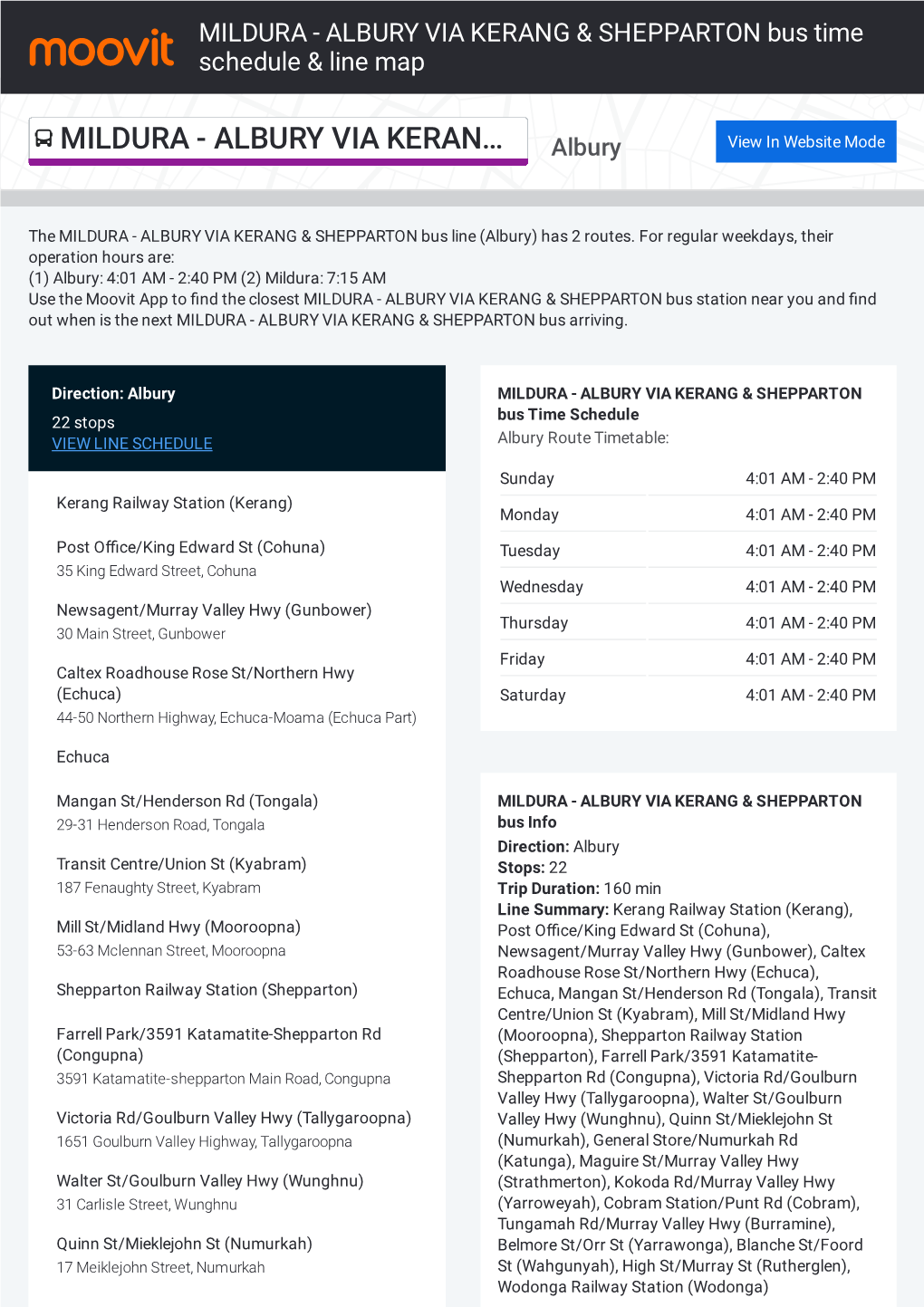 MILDURA - ALBURY VIA KERANG & SHEPPARTON Bus Time Schedule & Line Map