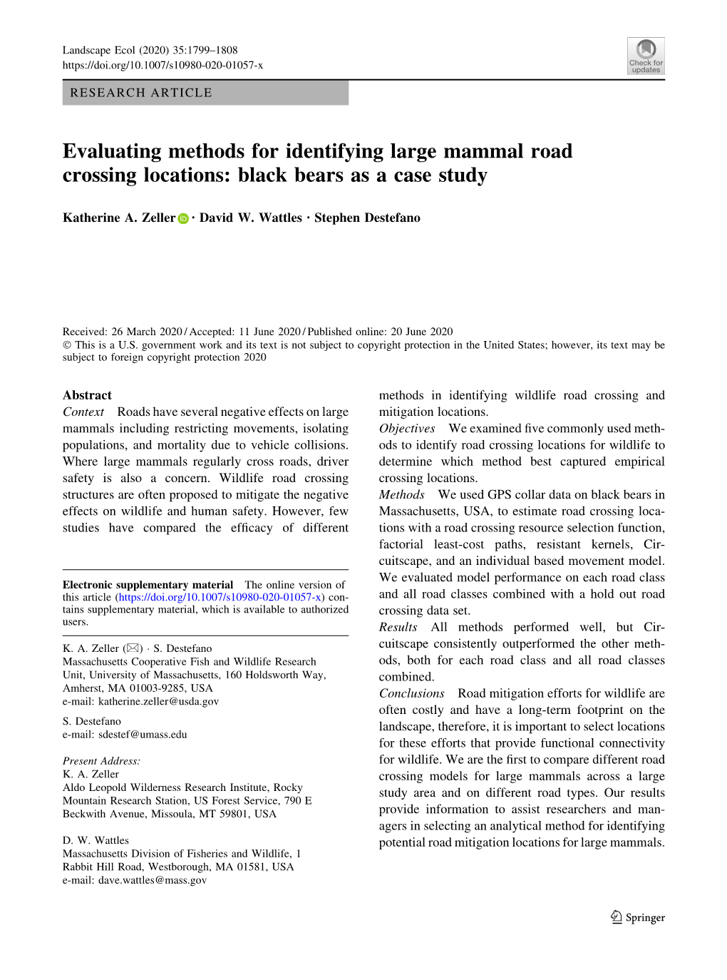 Evaluating Methods for Identifying Large Mammal Road Crossing Locations: Black Bears As a Case Study