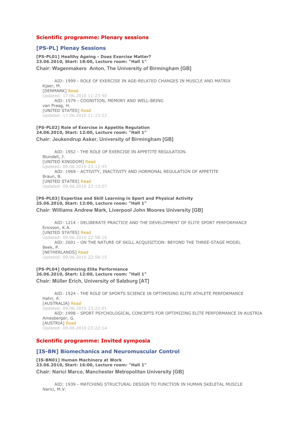 Scientific Programme: Plenary Sessions