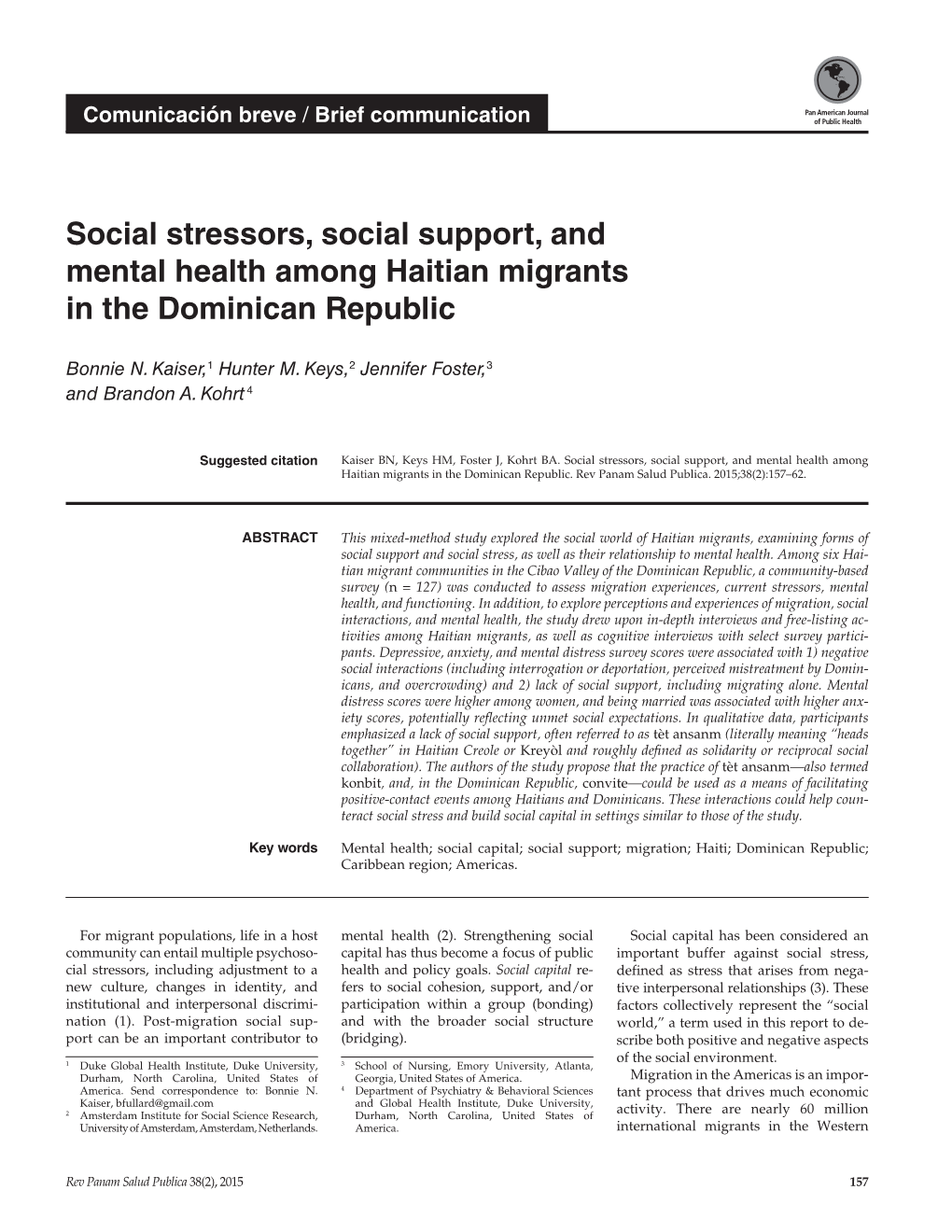 Social Stressors, Social Support, and Mental Health Among Haitian Migrants in the Dominican Republic