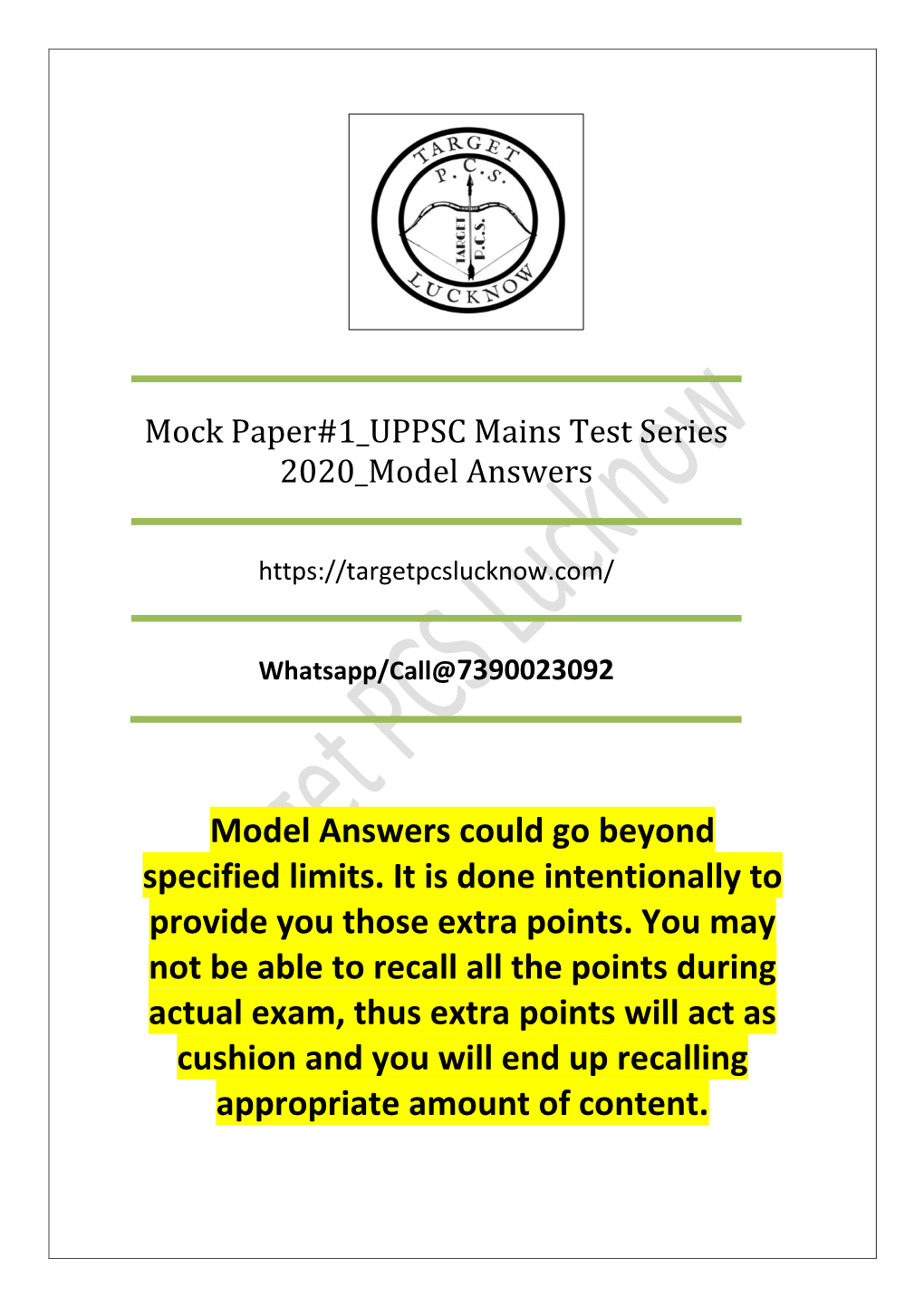 Mock Paper#1 UPPSC Mains Test Series 2020 Model Answers