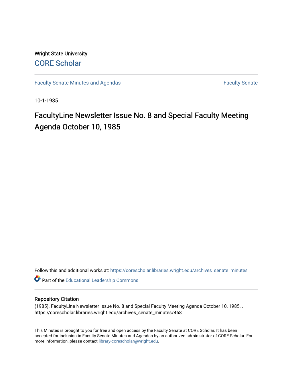 Facultyline Newsletter Issue No. 8 and Special Faculty Meeting Agenda October 10, 1985